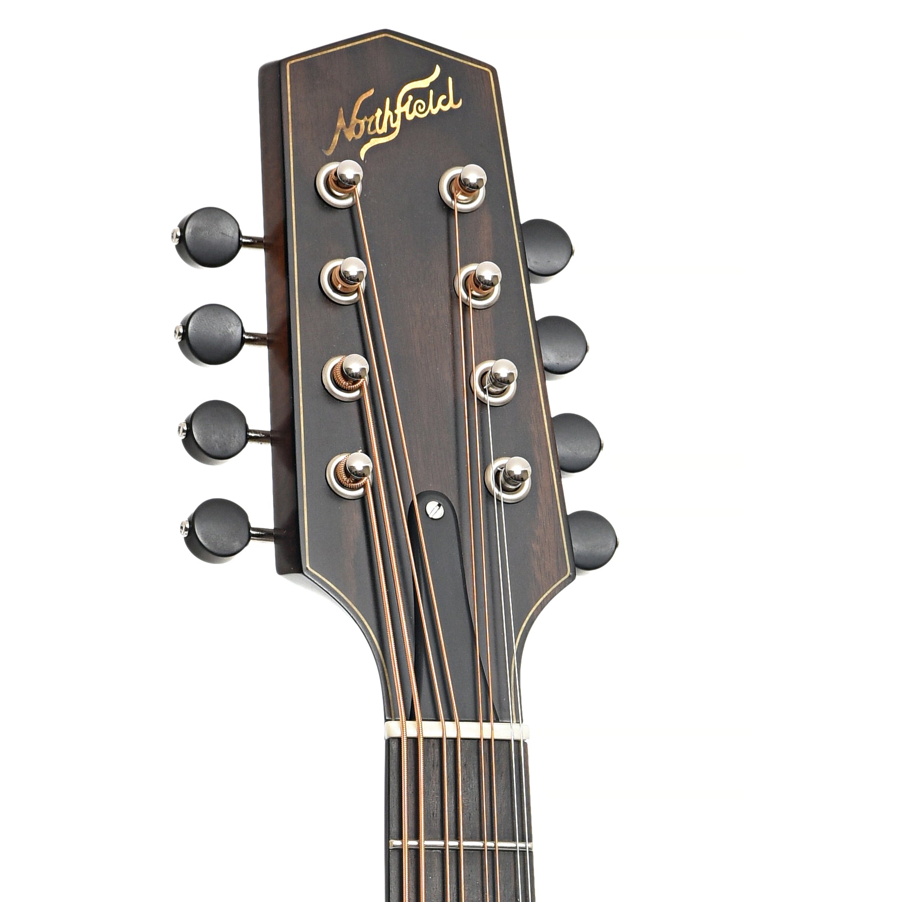 Front headstock of Northfield NFM-M5 Quickstep Mandola, Dark Leatherburst