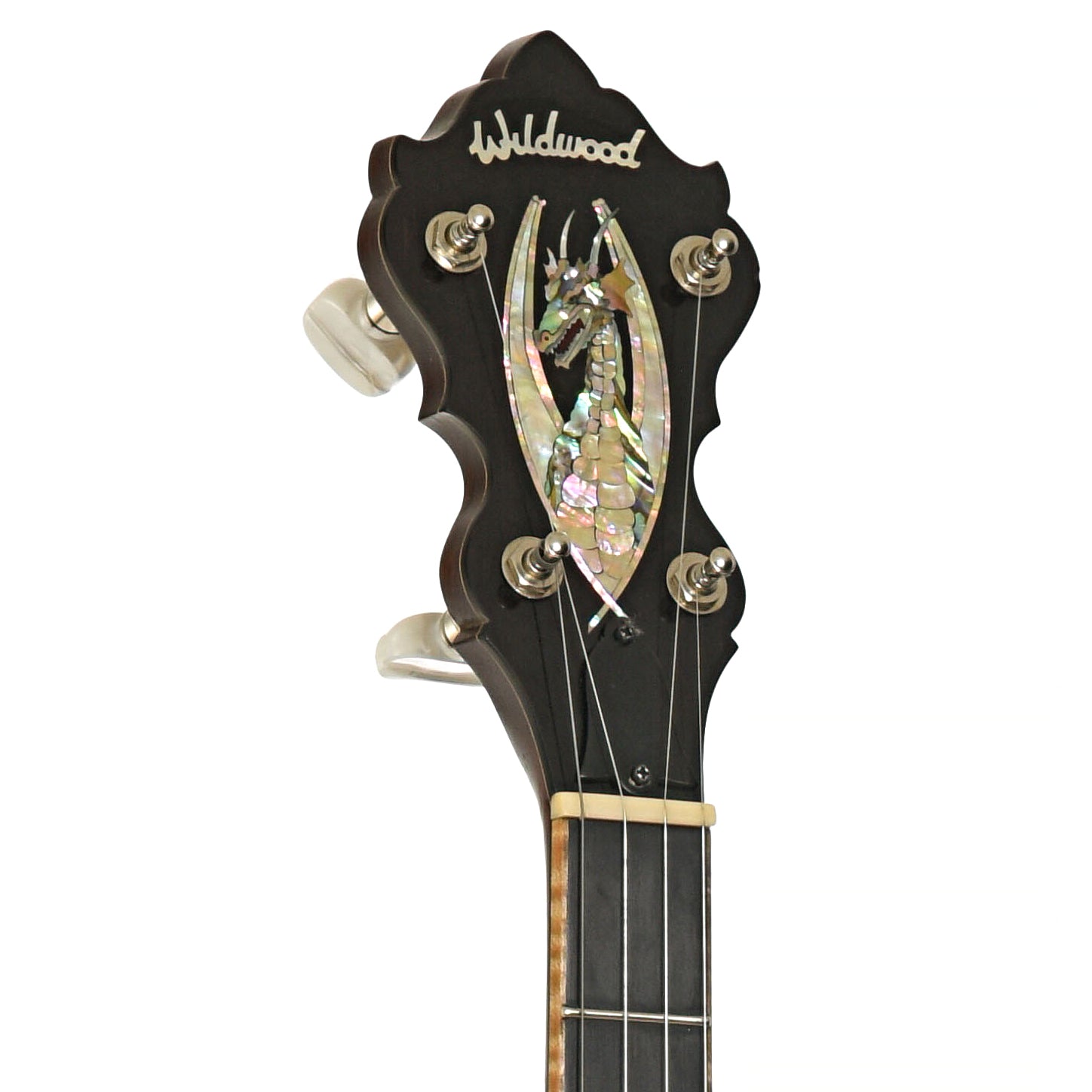 Front headstock of Wildwood Custom Dragon Tubaphone Banjo