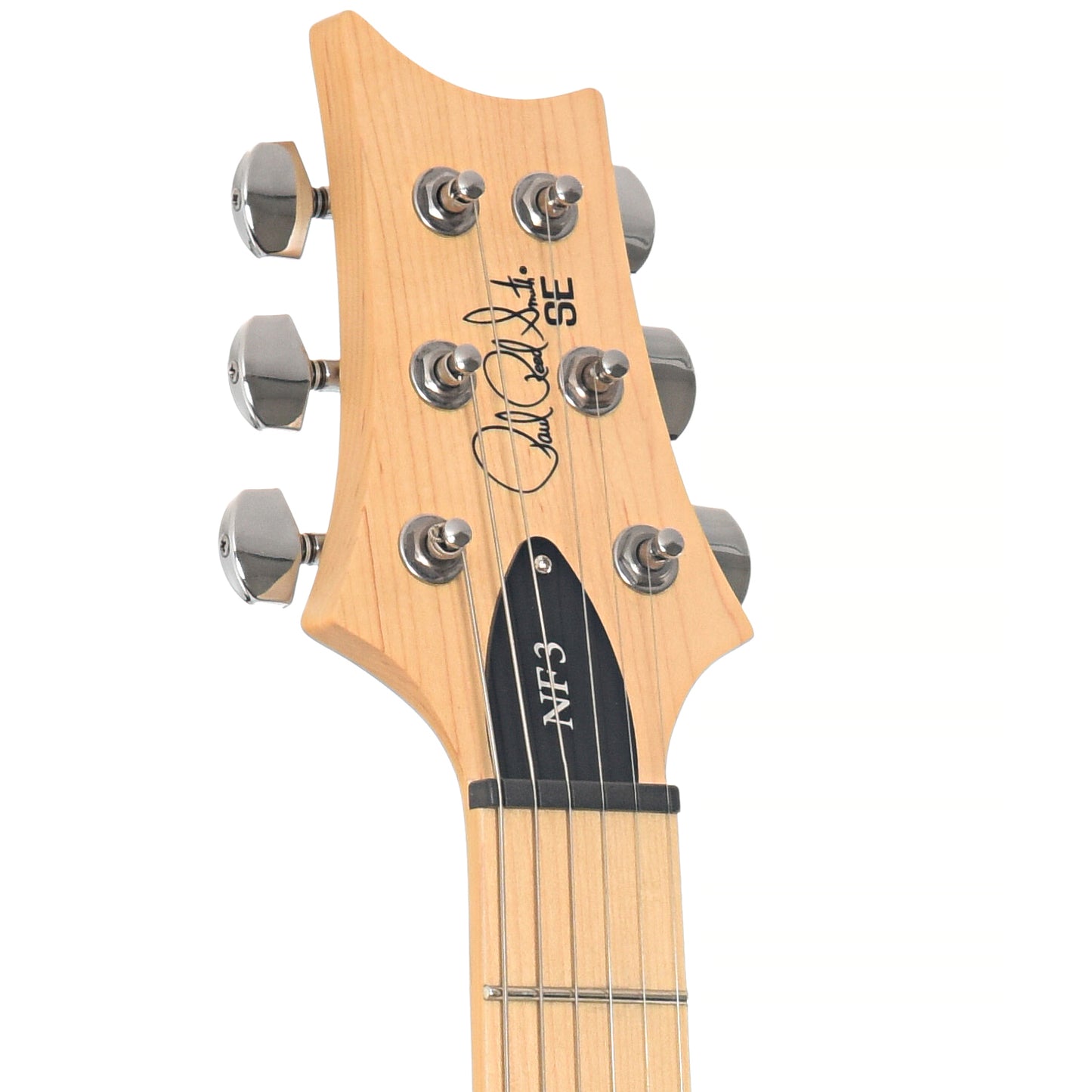 Front headstock of PRS SE NF3 Electric Guitar, Maple, Ice Blue Metallic