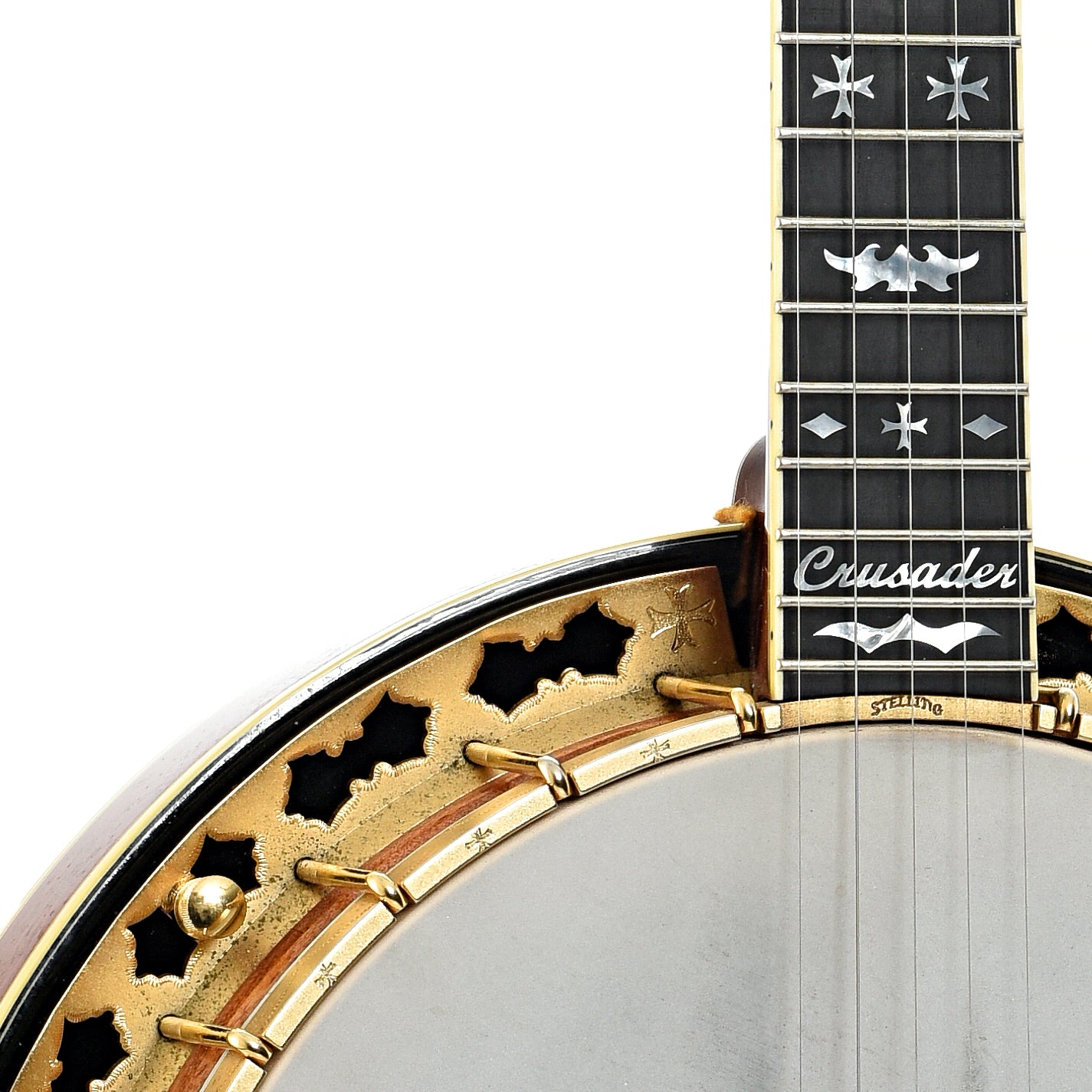 Front body and neck join of Stelling Crusader Deluxe Resonator Banjo (2004)