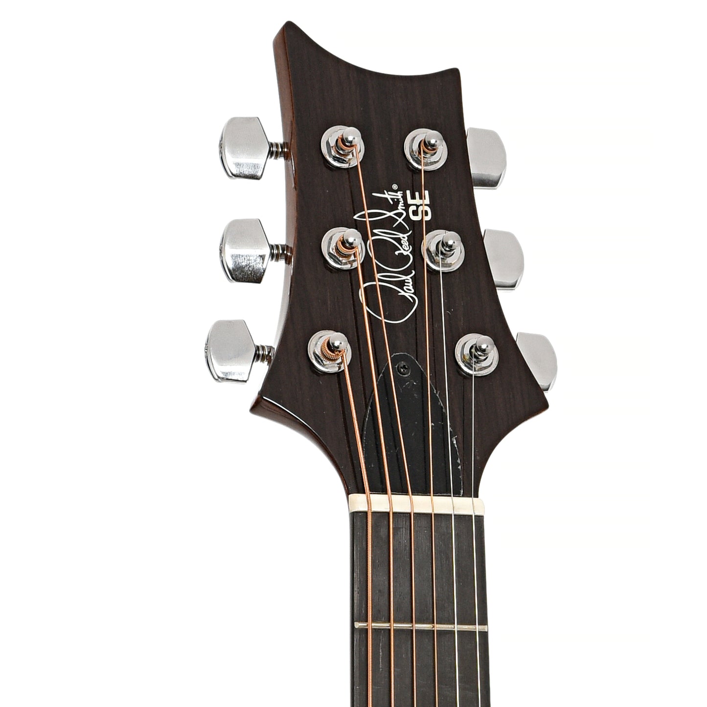 Front headstock of PRS SE A50E Acoustic-Electric Guitar, Natural w/ Black Gold Burst (2022)