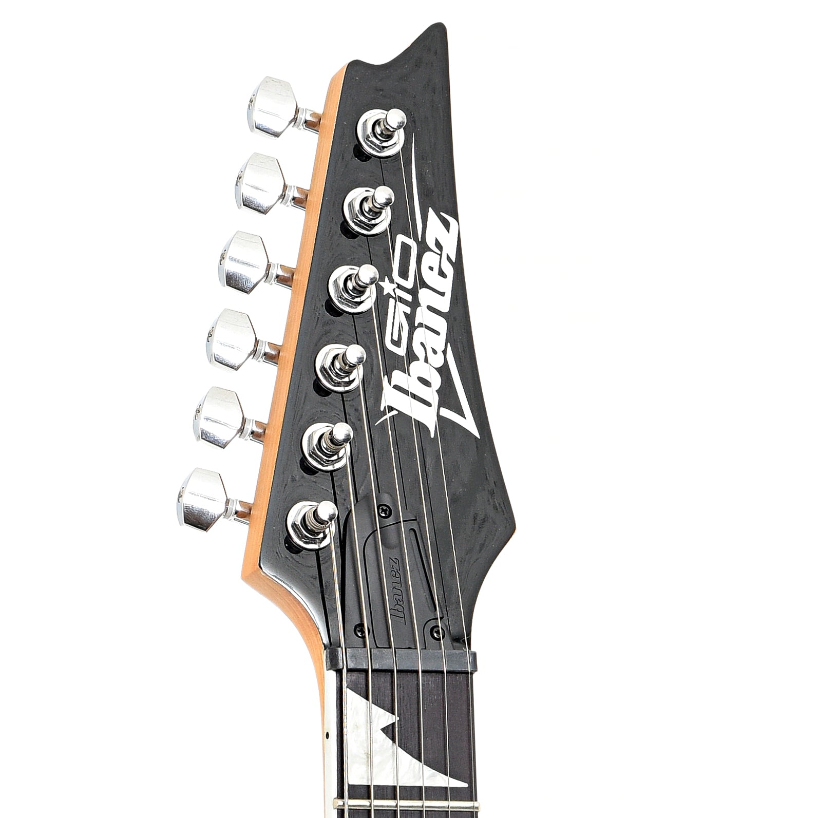 Headstock of Ibanez B-Stock RG Gio Series GRG220PA1 Electric Guitar, Brown Black Burst