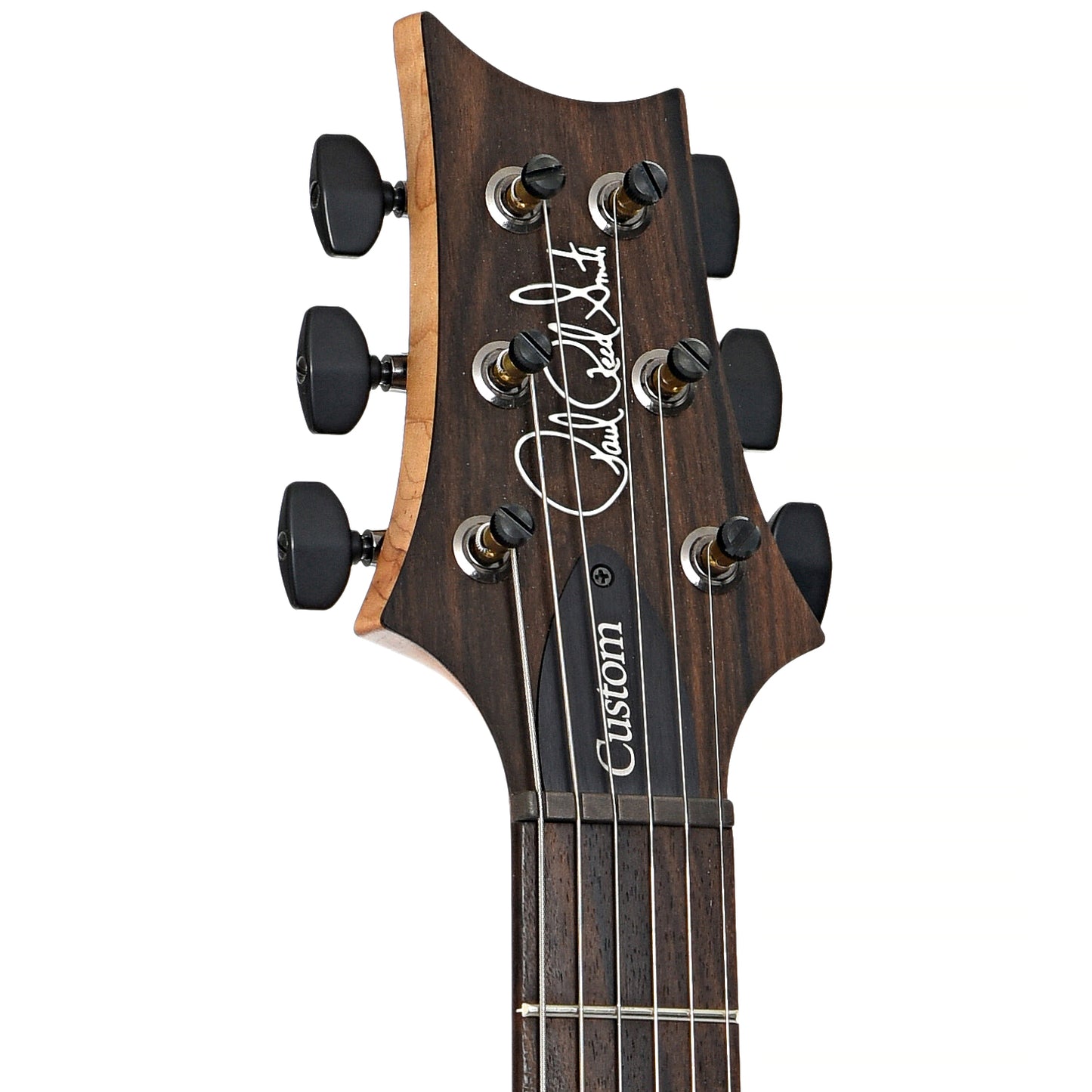 Front headstock of PRS Custom 24 Quilted Maple 10-Top Fatback Electric Guitar, Tobacco Burst