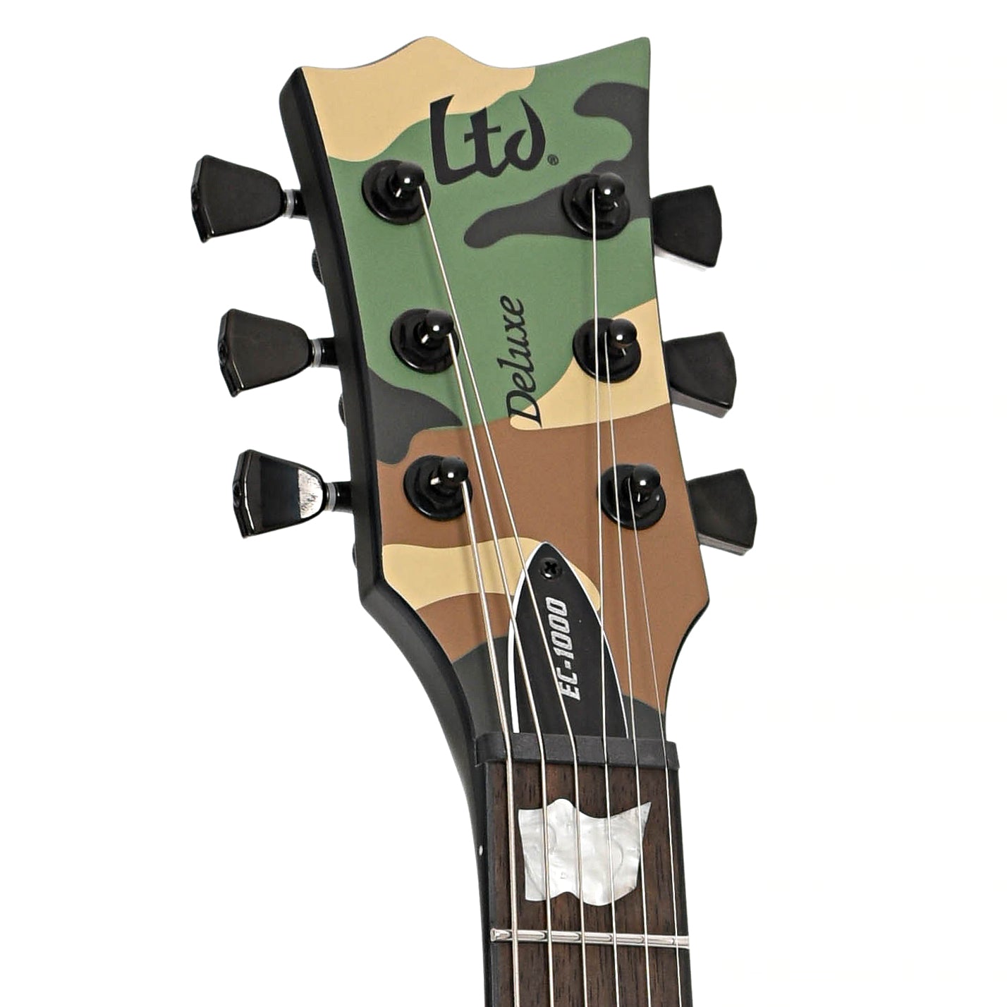 Headstock of ESP LTD EC-1000 Electric Guitar, Woodland Camo Satin