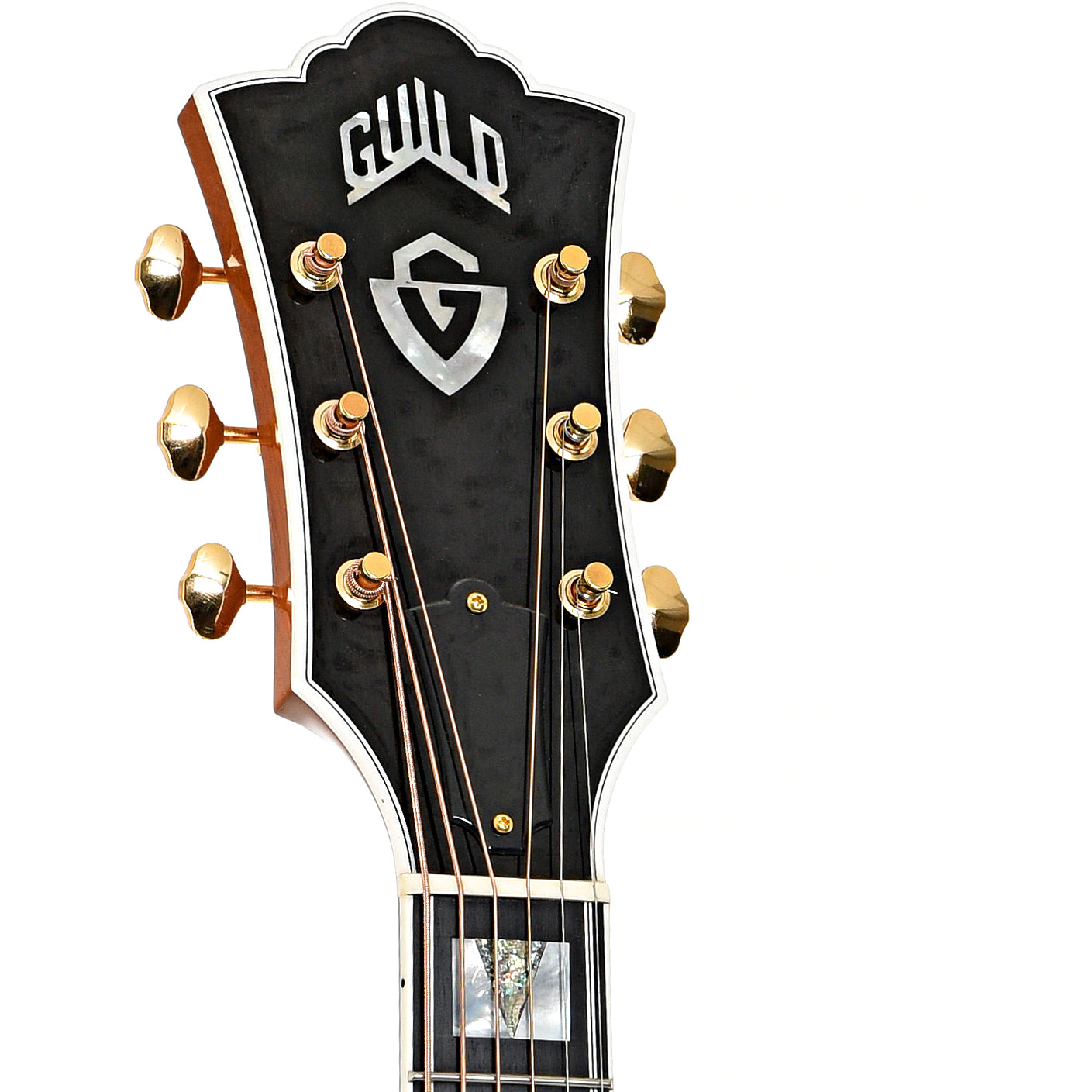 Headstock of Guild USA F-55E Maple Natural Acoustic Guitar