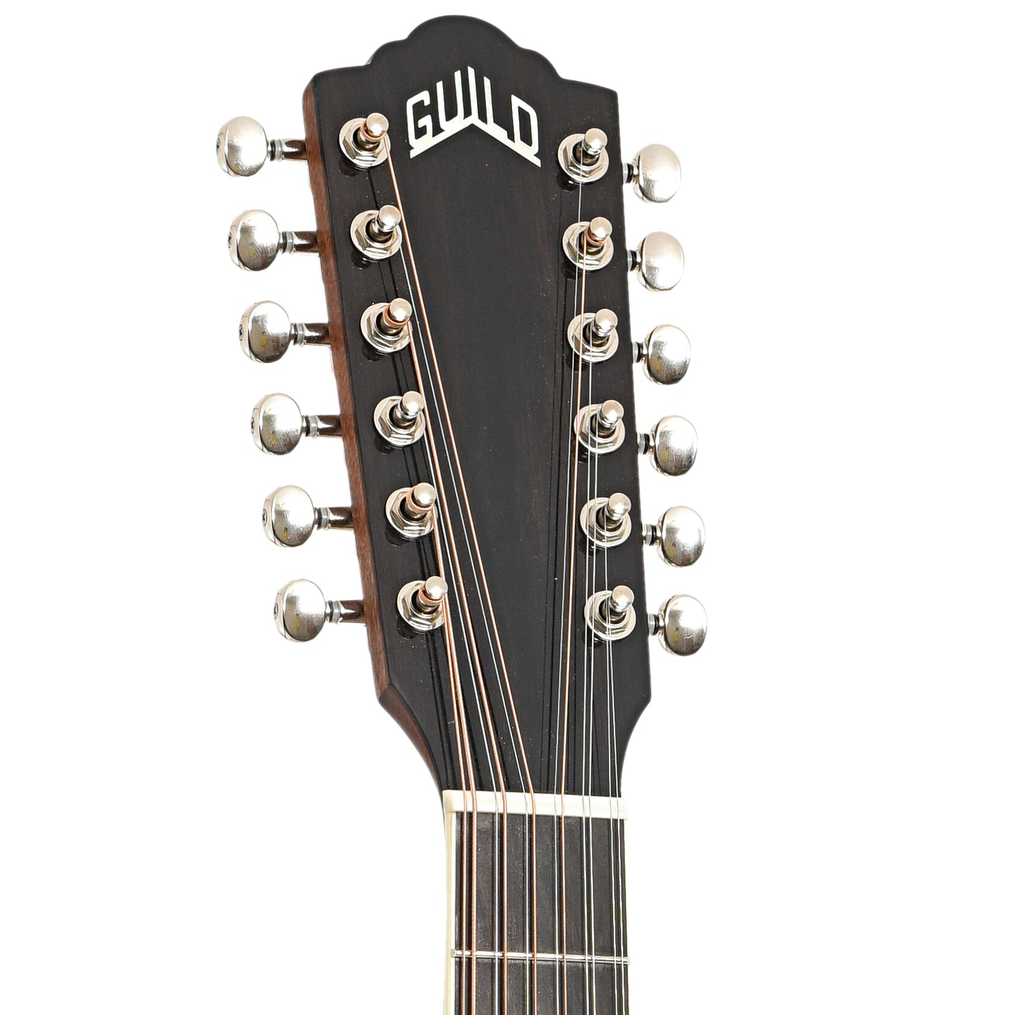 Front headstock of Guild Archback D-2612CE Deluxe 12-String Guitar, Antique Sunburst Finish