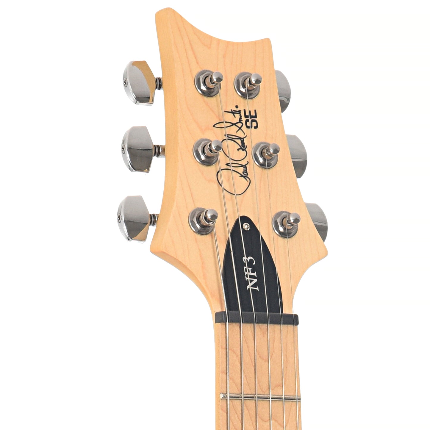 Front headstock of PRS SE NF3 Electric Guitar, Maple, Gun Metal Gray