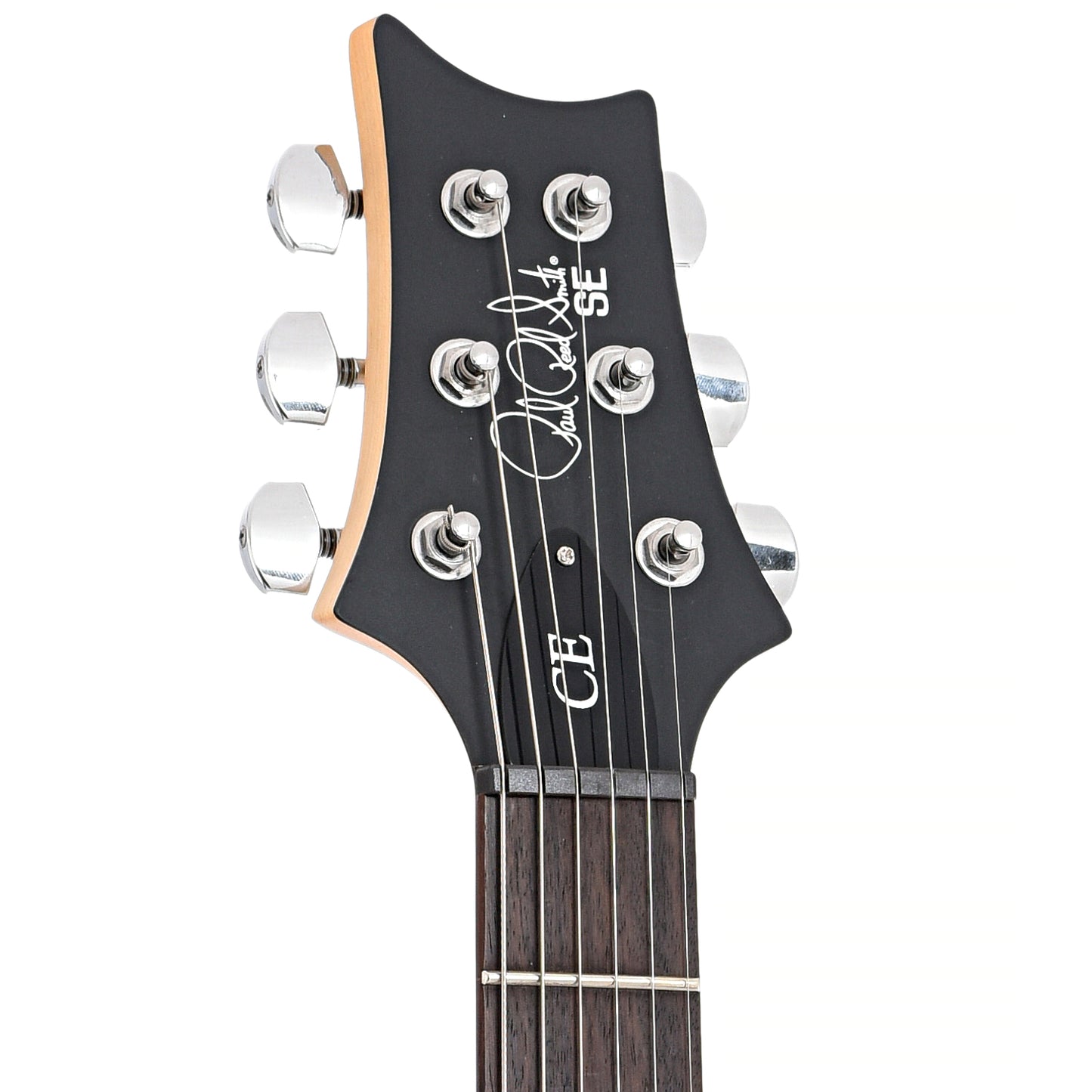 Front headstock of PRS SE CE24 Standard Satin Electric Guitar, Charcoal