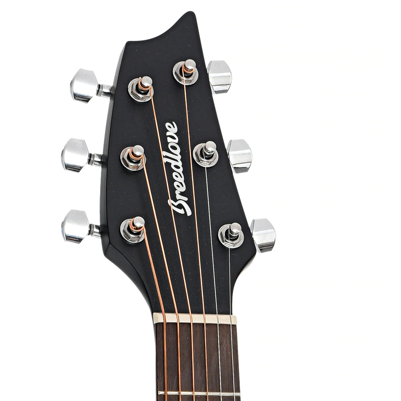 Headstock of Breedlove Discovery Concert Satin Black CE Sitka-Mahogany Acoustic-Electric Guitar 