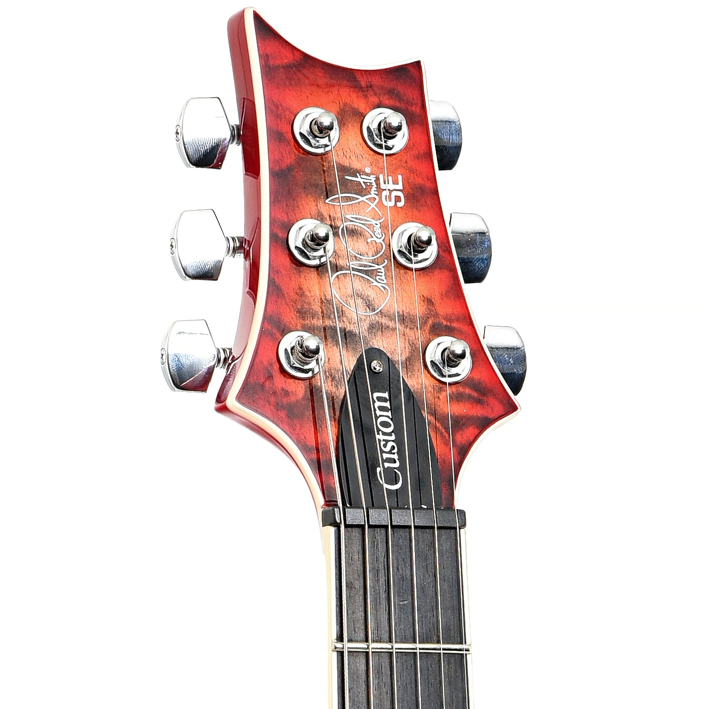 Front headstock of PRS SE Custom 24-08 Quilt Top Charcoal Cherry Burst Electric Guitar