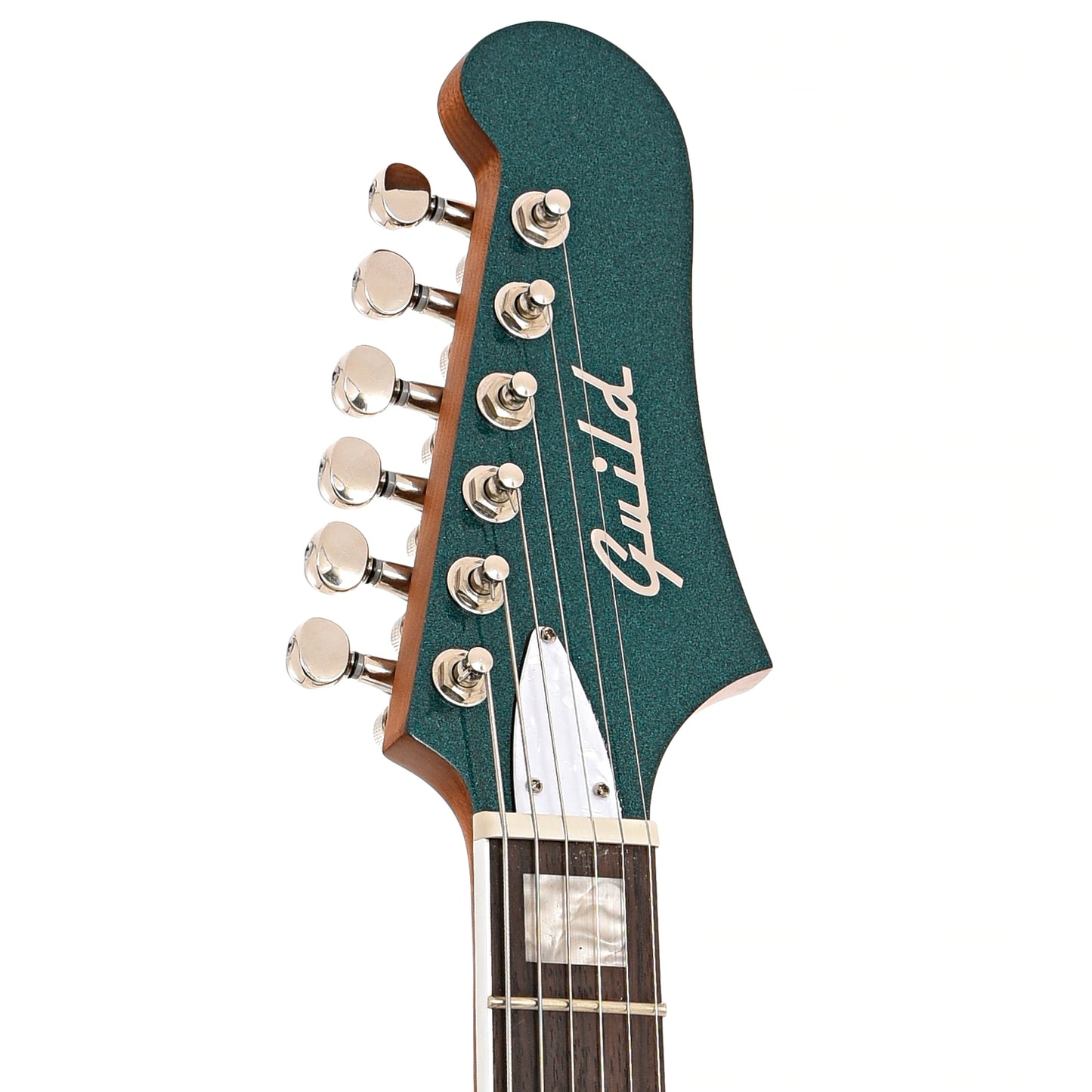 Front headstock of Guild Surfliner Deluxe Electric Guitar, Evergreen Metallic