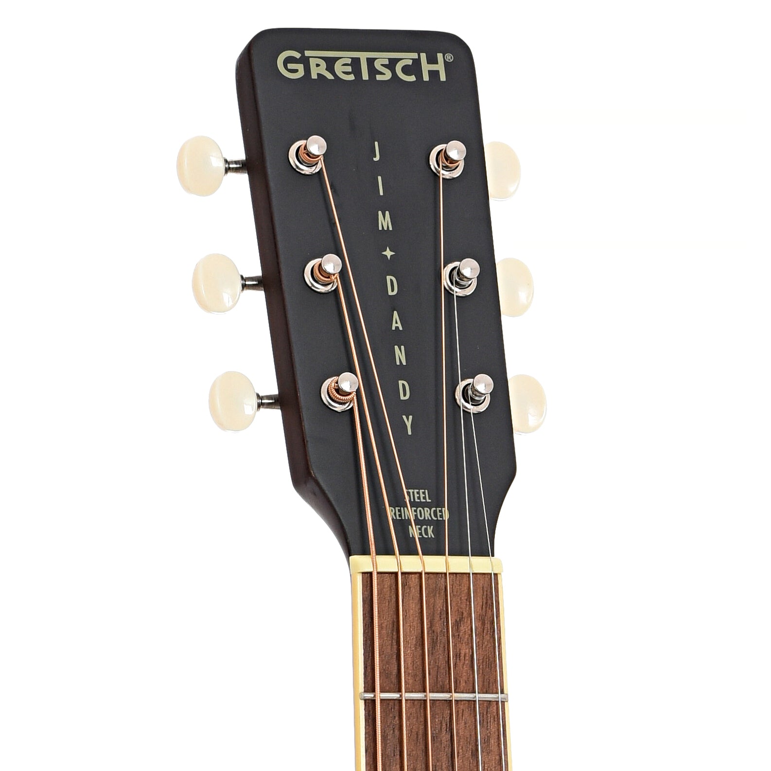 Front headstock of Gretsch Jim Dandy Parlor Acoustic Guitar, Rex Burst