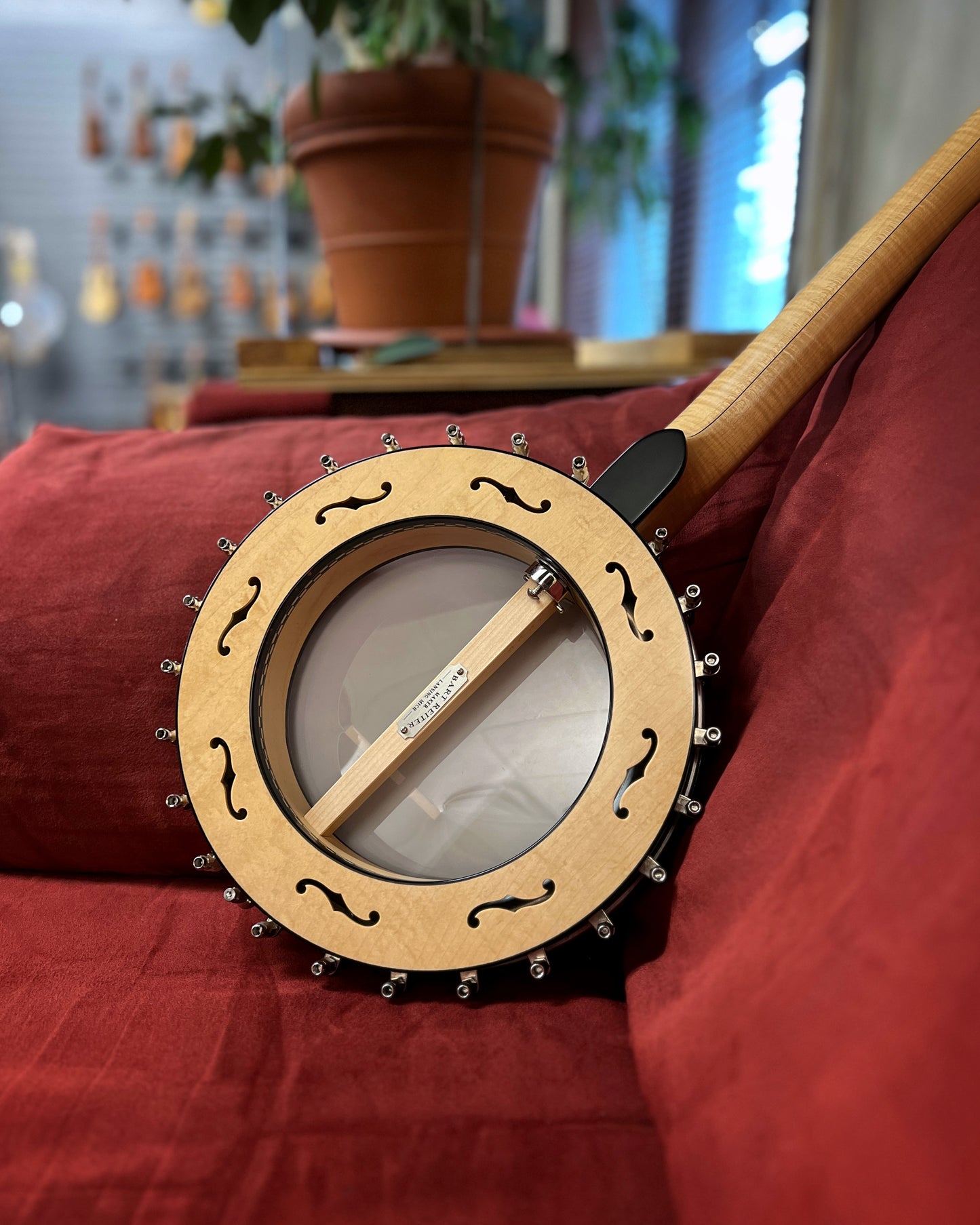 Showroom photo of back of Bart Reiter Professional Open Back Banjo (1999)