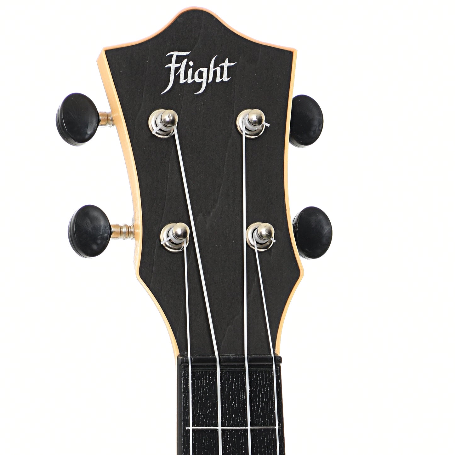 Front headstock of Flight TUS35 Travel Series Soprano Ukulele, Black