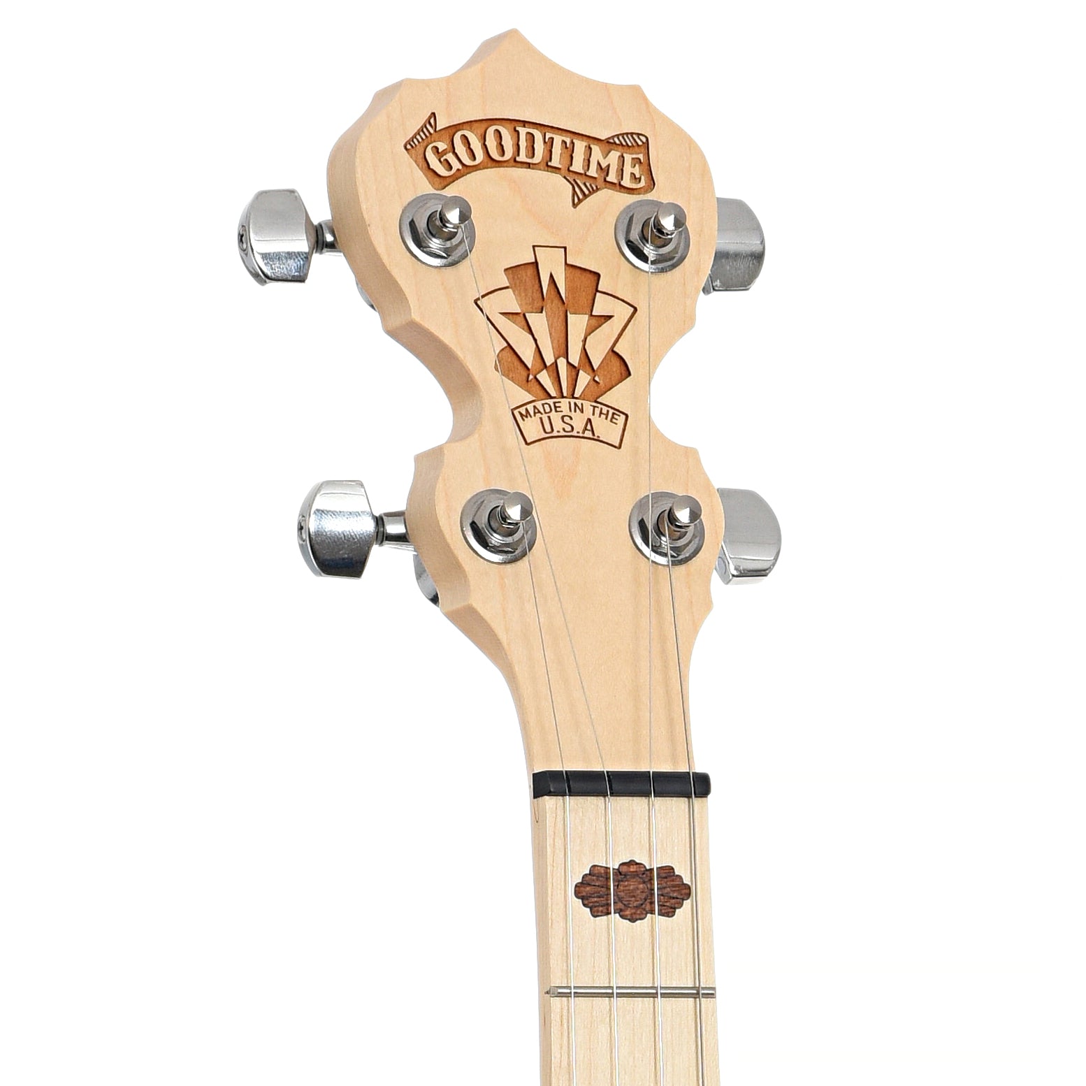 Front headstock of Deering Lefthanded Goodtime Deco Openback Banjo with Scooped Fretboard