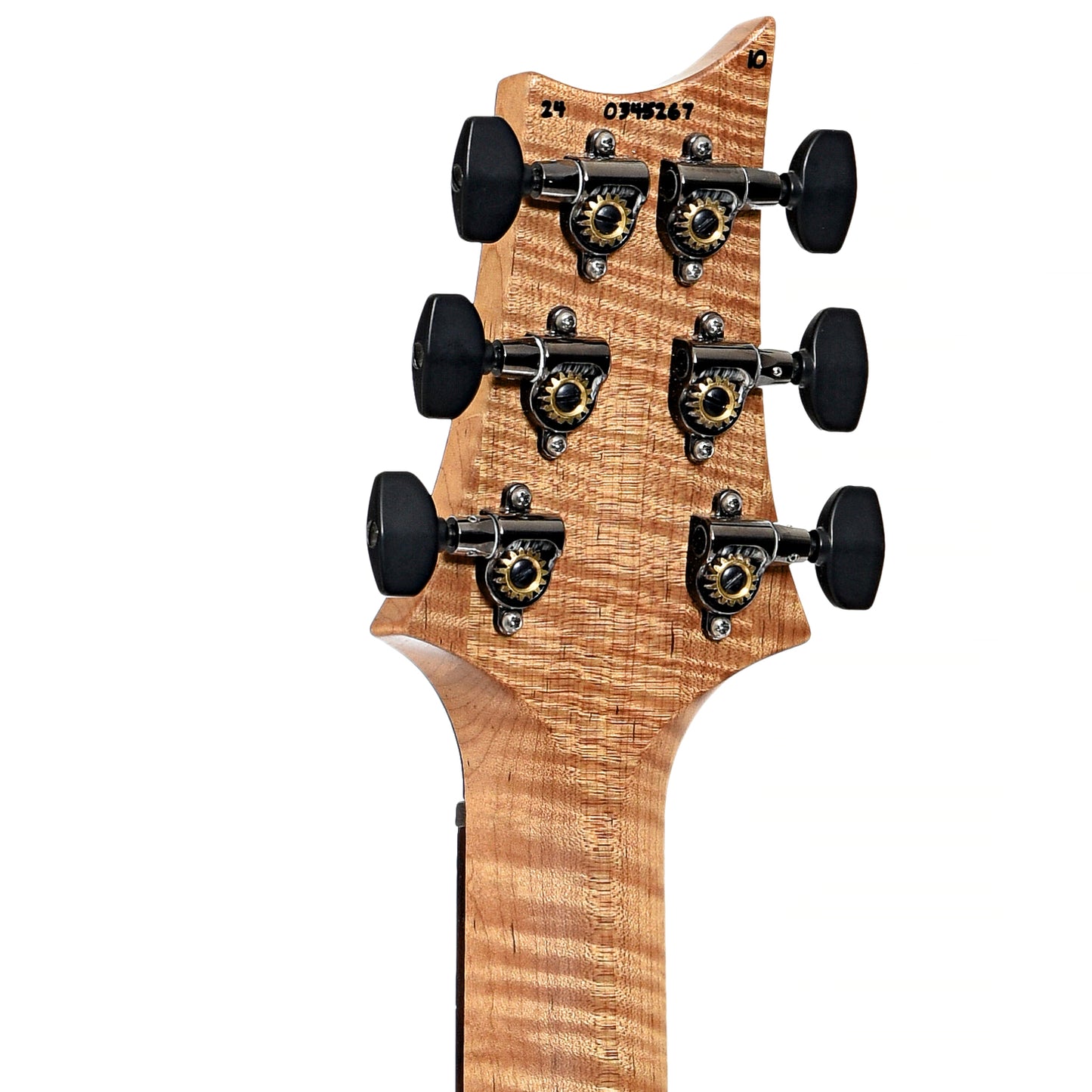 Back headstock of PRS Custom 24 Quilted Maple 10-Top Fatback Electric Guitar, Tobacco Burst