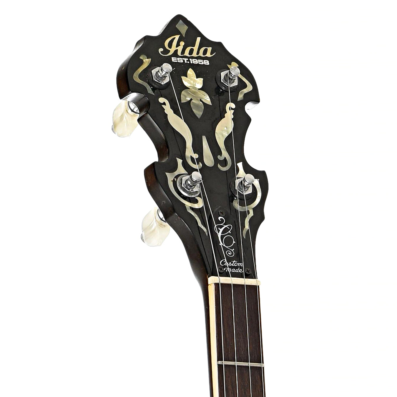 Front headstock of Iida FB550L Extra Long Neck Banjo (mid 1970's)