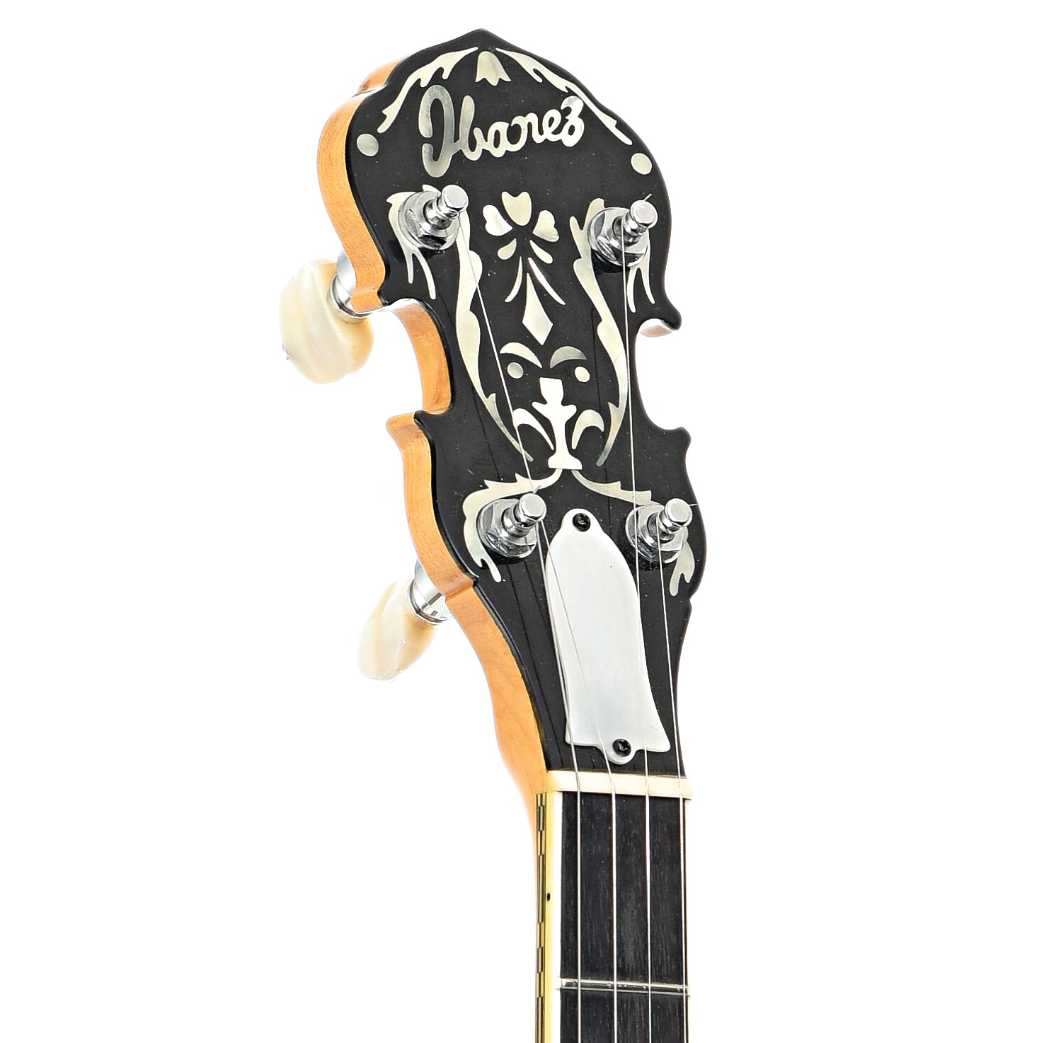 Front headstock of Ibanez Artist "Tree of Life" Blonde Resonator Banjo (c.1977)