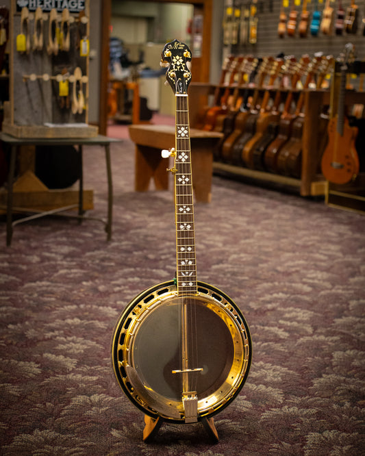 Showroom photo of front of Morgan Monroe MGB-2 Rockytop Gold Resonator Banjo (c.2004)