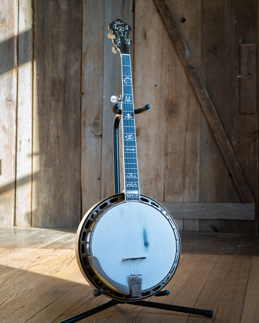 Showroom photo of Front and side of Gibson PB-3 Conversion Resonator Banjo (1930)