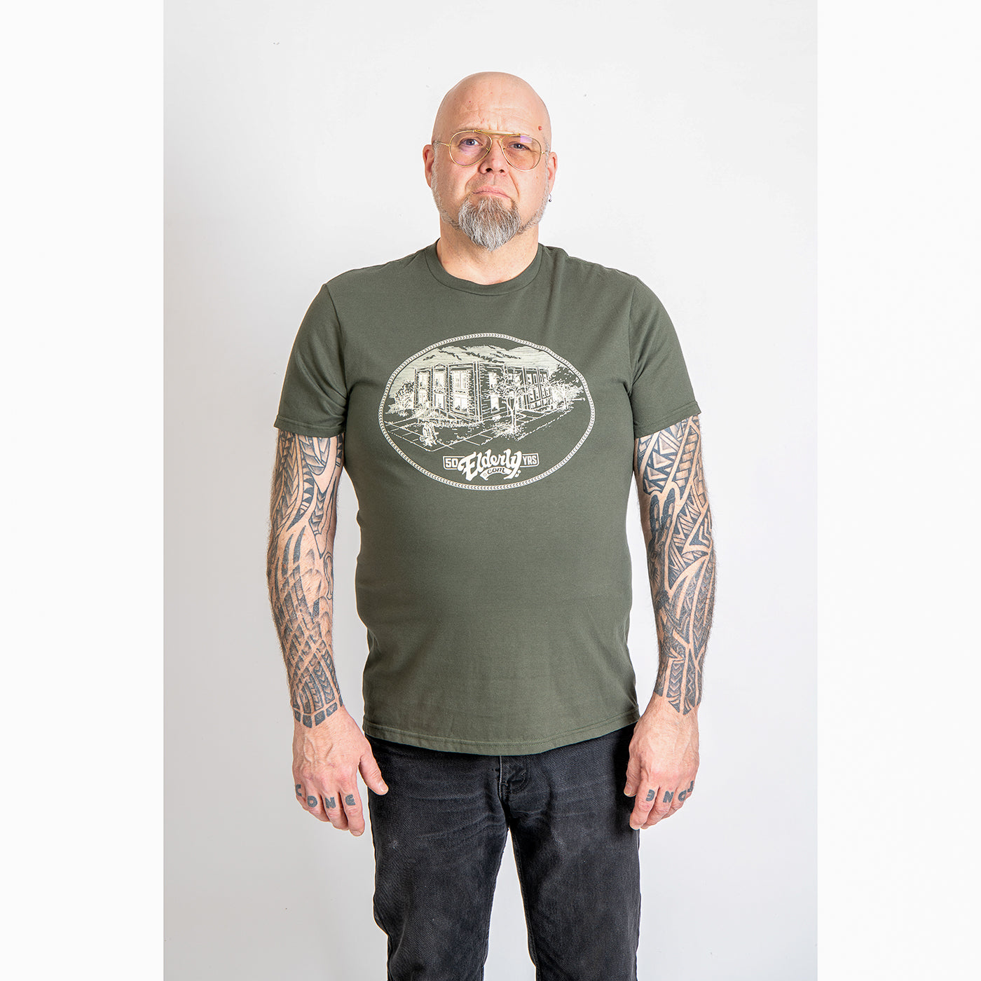 Image 1 of ELDERLY 50TH ANNIVERSARY LOGO TEE OLIVE (VARIOUS SIZES)- SKU# TEE89-OL-M : Product Type Accessories & Parts : Elderly Instruments