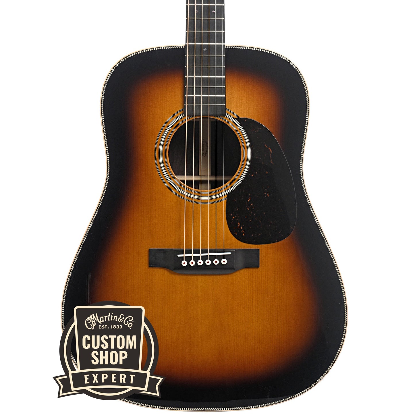 Front of Martin Custom Herringbone Sunburst 28-Style Dreadnought Guitar, Wild Grain Rosewood & Adirondack Spruce