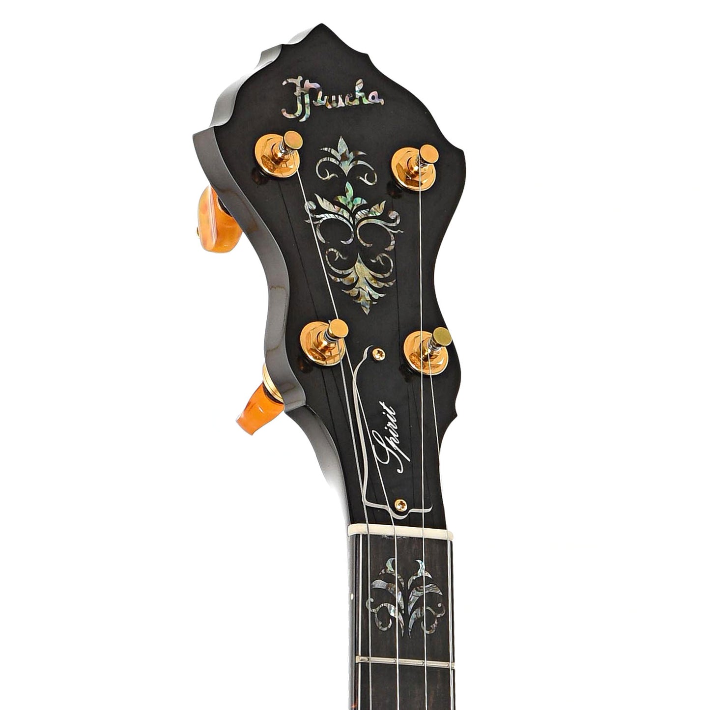 Front headstock of Prucha Spirit 24 Custom Presentation Resonator Banjo (2014)