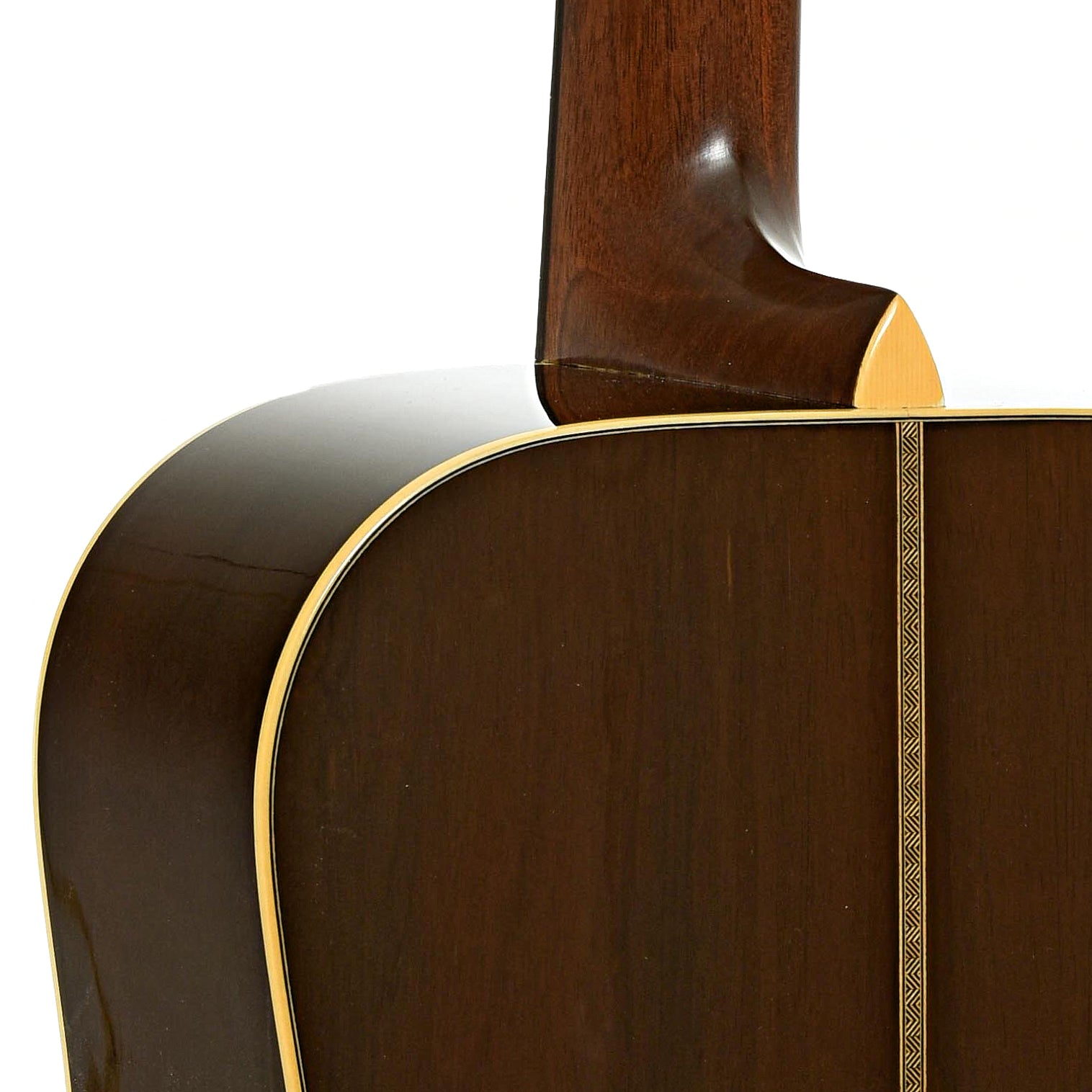 Neck joint of Pre-War Guitars Co. Herringbone Brazilian Rosewood, Level 1 Aging