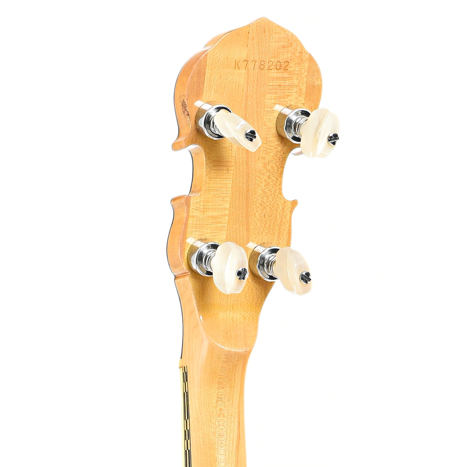 Back headstock of Ibanez Artist "Tree of Life" Blonde Resonator Banjo (c.1977)