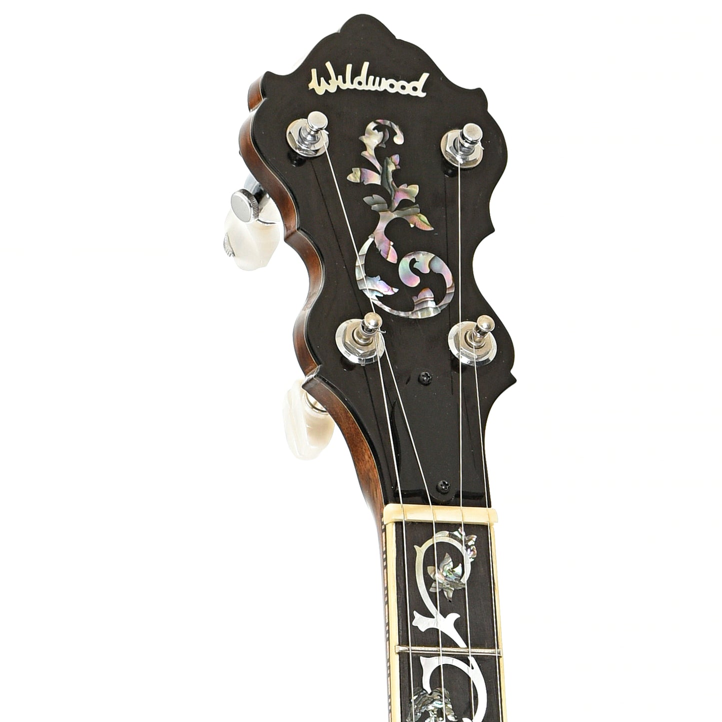 Front headstock of Wildwood Sololist Custom Resonator Banjo (c.2008)