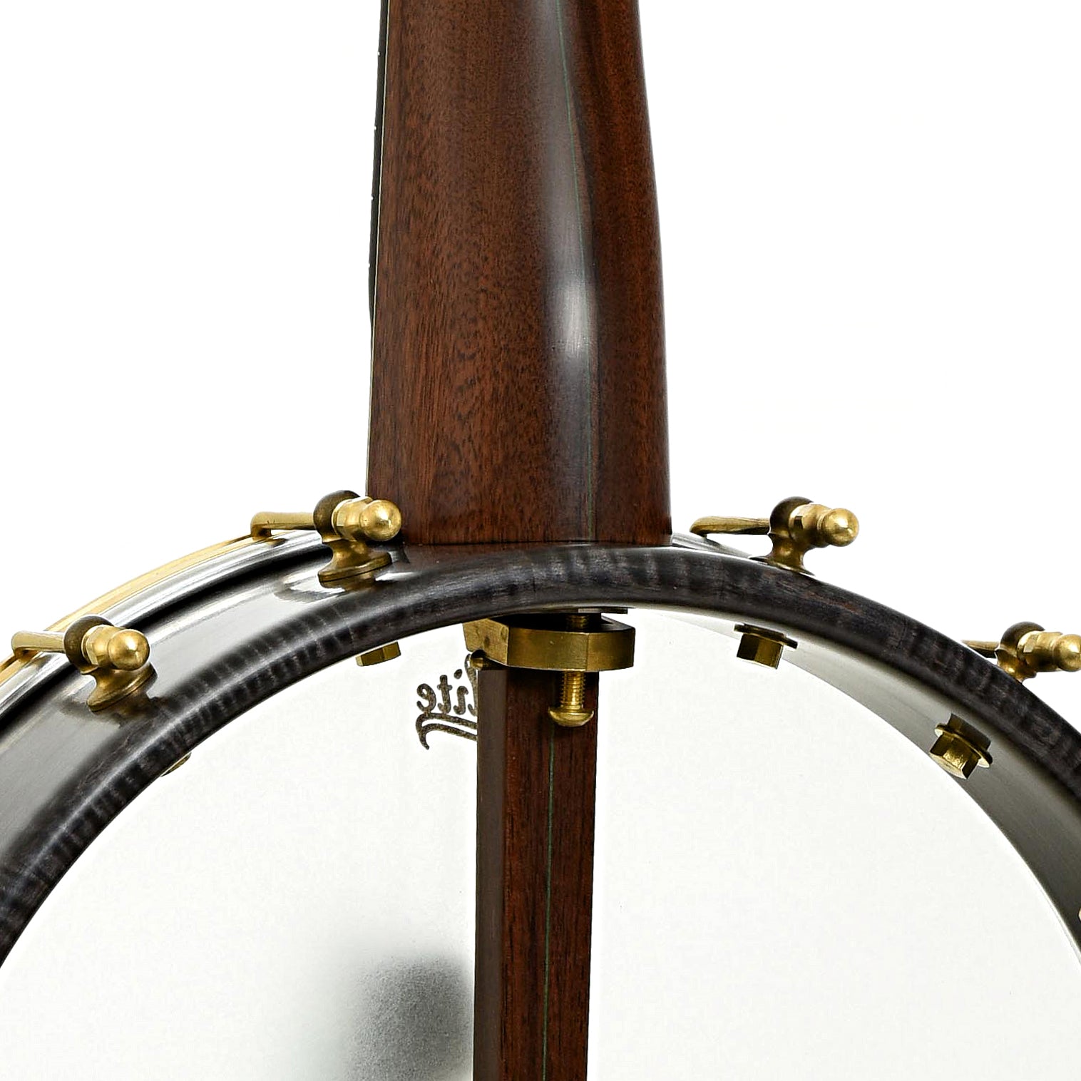 Neck joint of Chuck Lee Lone Star Custom 12" Openback Banjo #865, Integral Wood Tone Ring