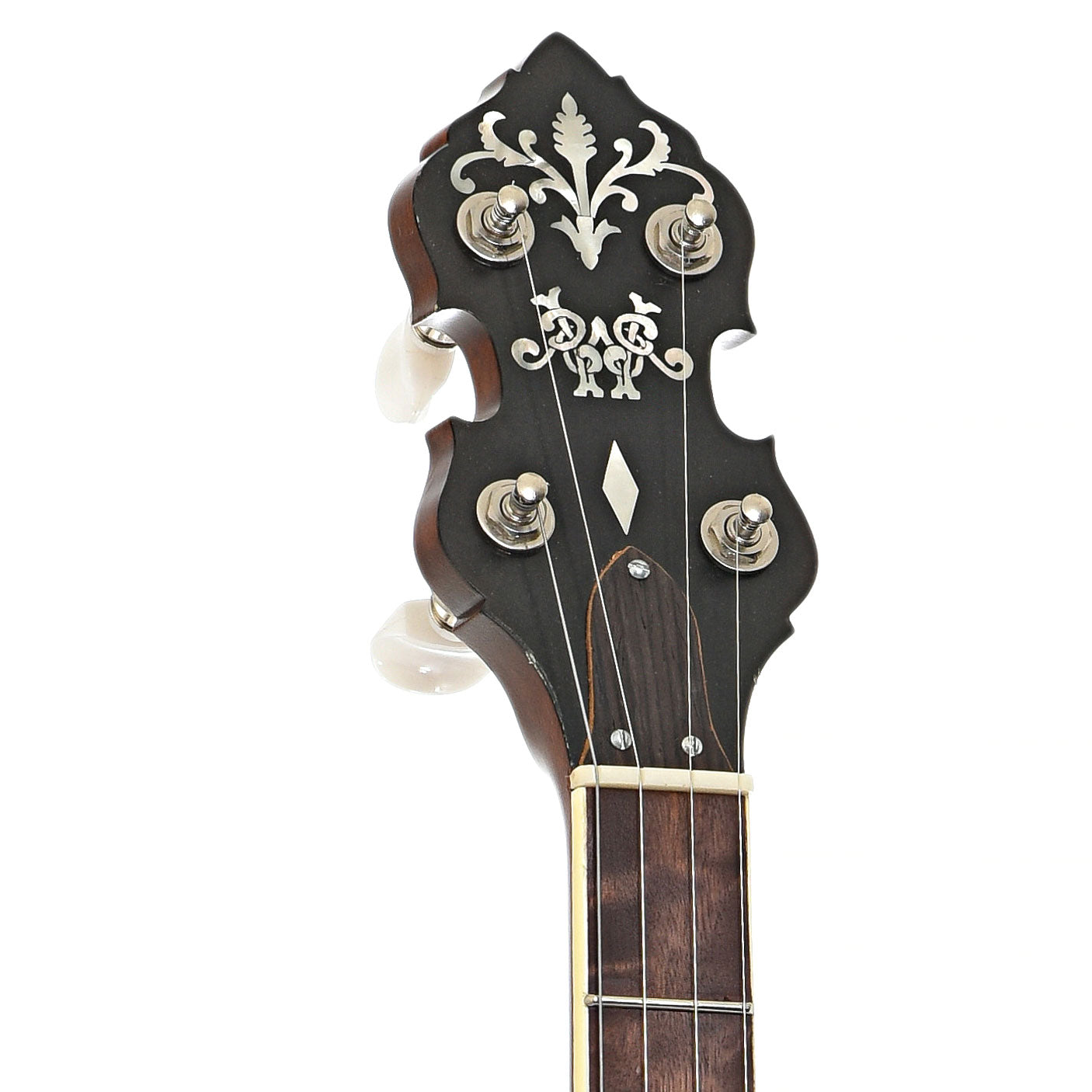 Front headstock of Randy Wood Featherlite Resonator Banjo (c.2020)