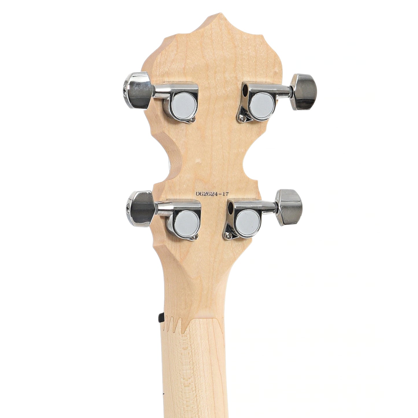 Back headstock of Deering Lefthanded Goodtime Deco Openback Banjo with Scooped Fretboard