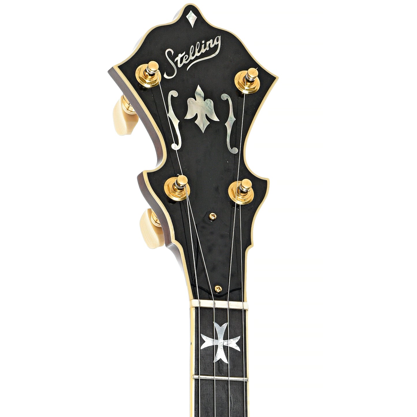 Front headstock of Stelling Crusader Deluxe Resonator Banjo (2004)