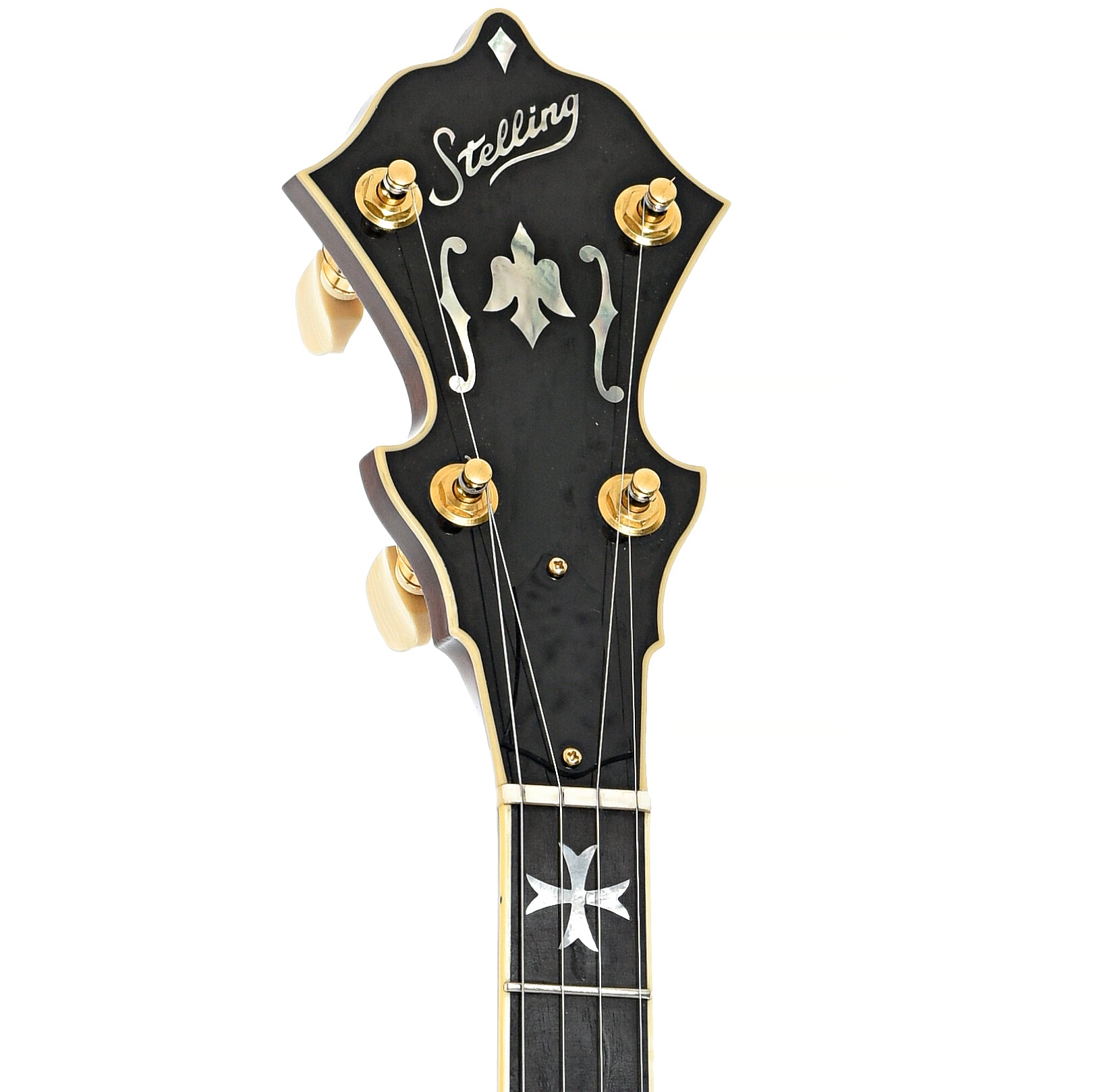 Front headstock of Stelling Crusader Deluxe Resonator Banjo (2004)