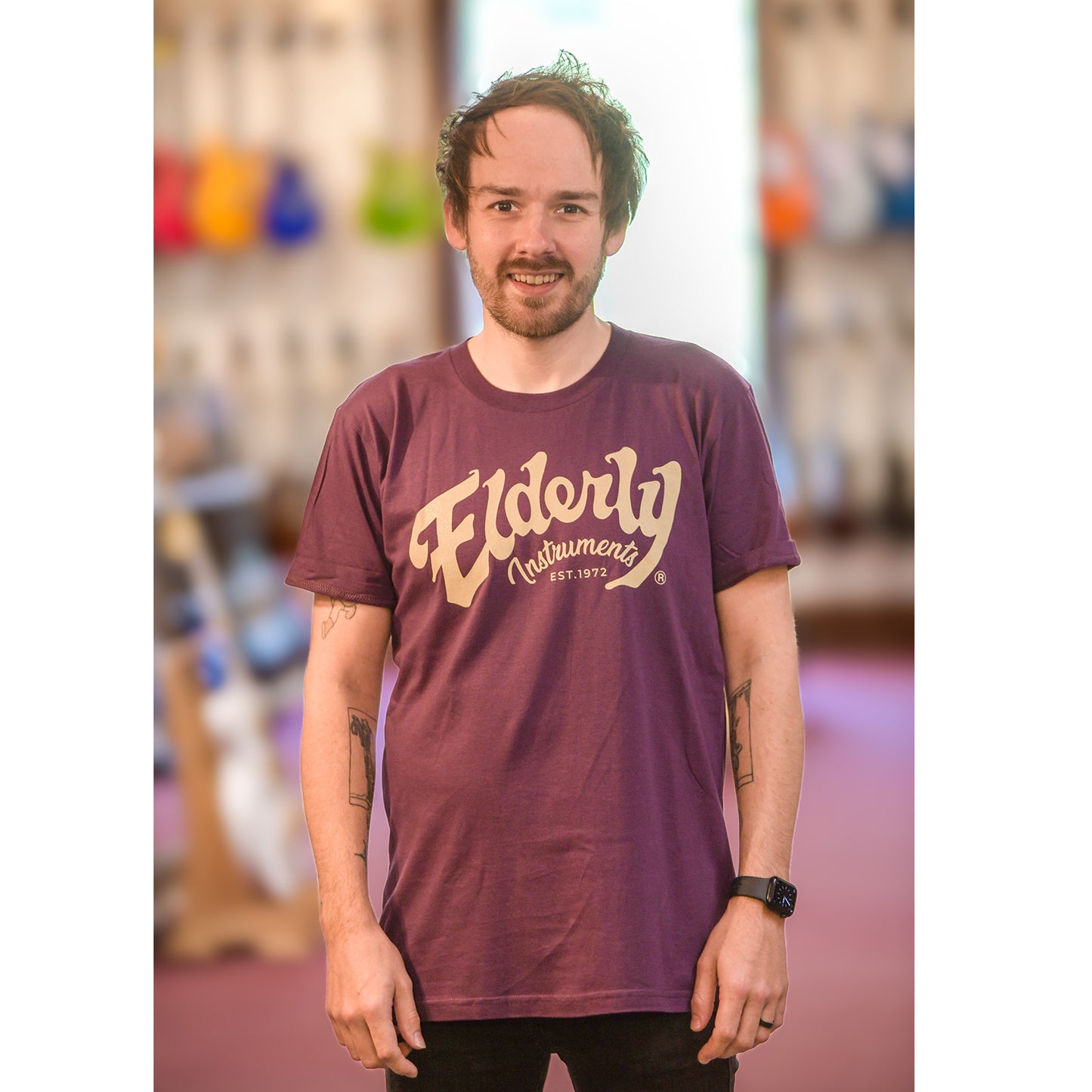 Jeffrey with Elderly Instruments 2-Sided Logo-Building Shirt, Eggplant Teeshirt