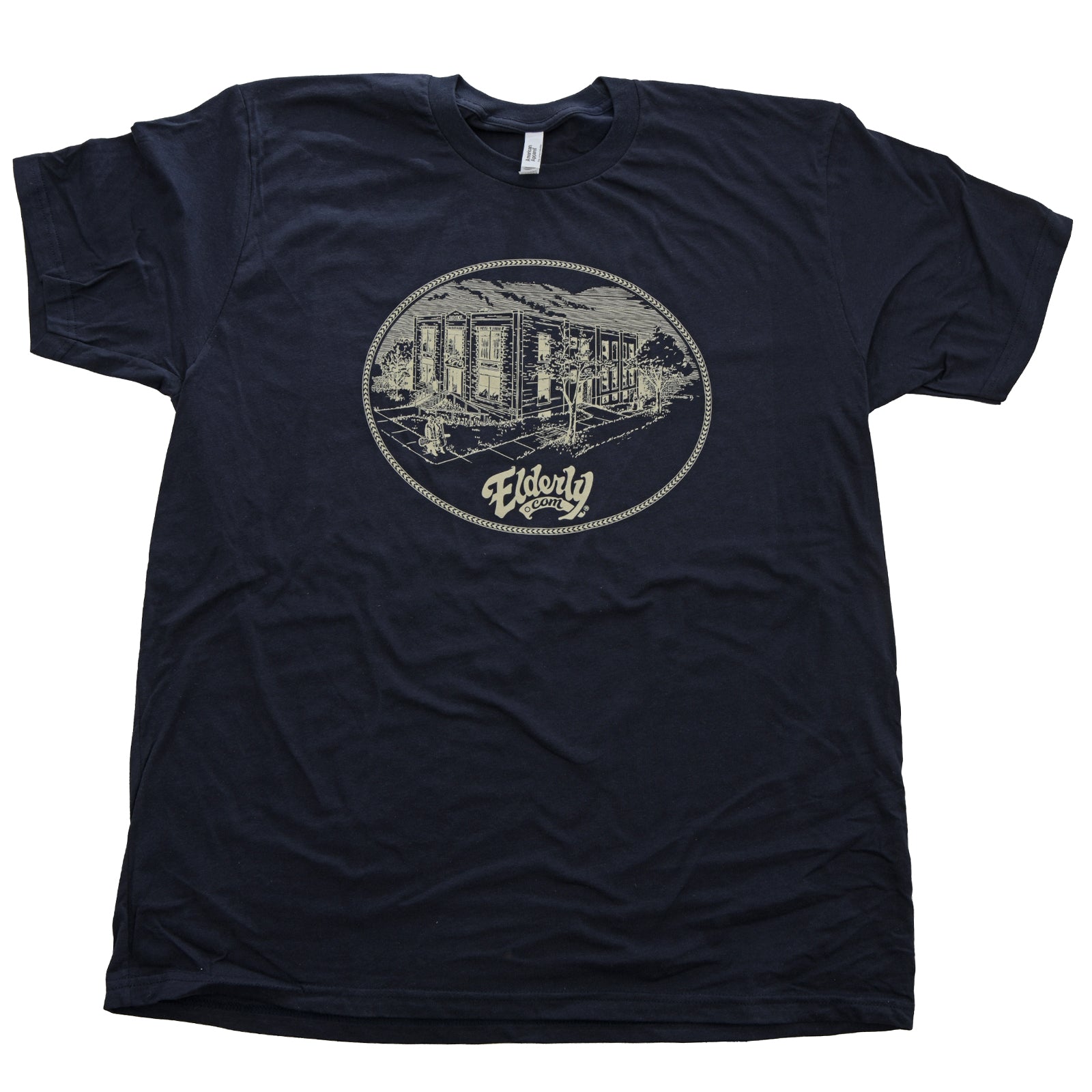 Front of Elderly Instruments Building Shirt, Navy 