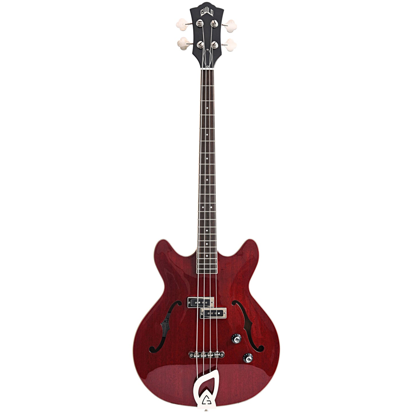 Full front of Guild Starfire 1 Bass, Cherry Red