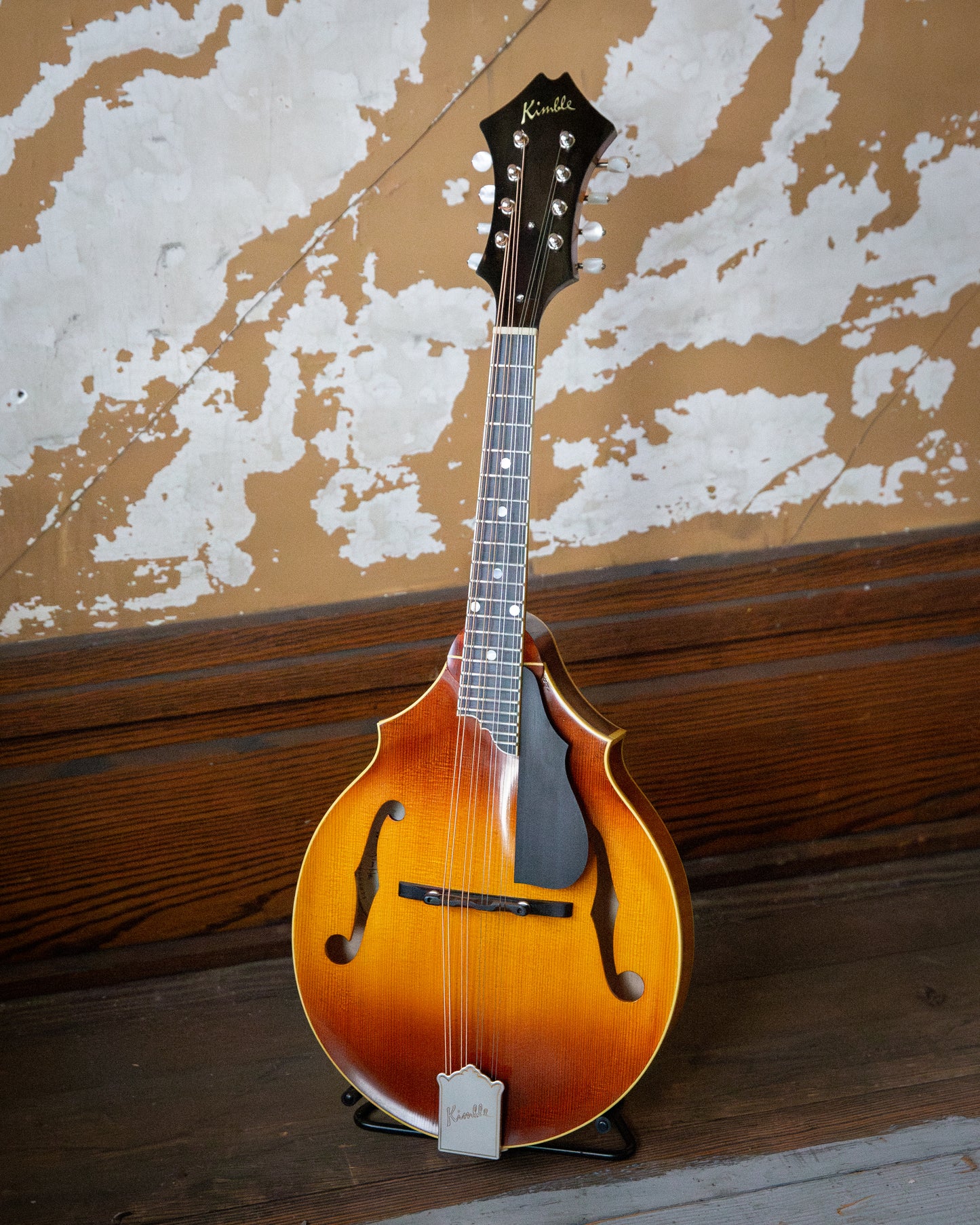 Showroom photo of Front and side of Kimble Two-Point Mandolin