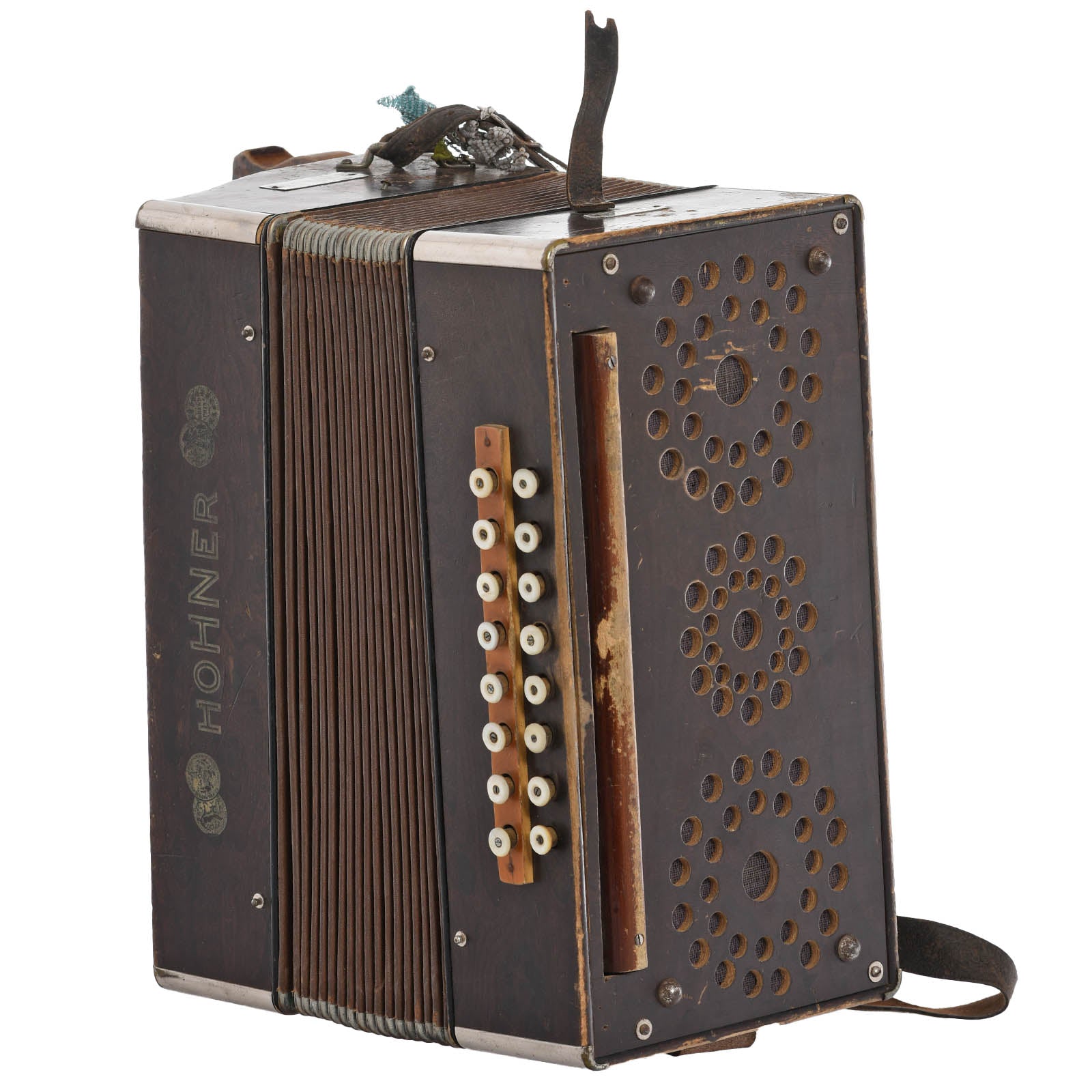 Bass side of Hohner Grand Prix Button Accordion G C F (c.1926)