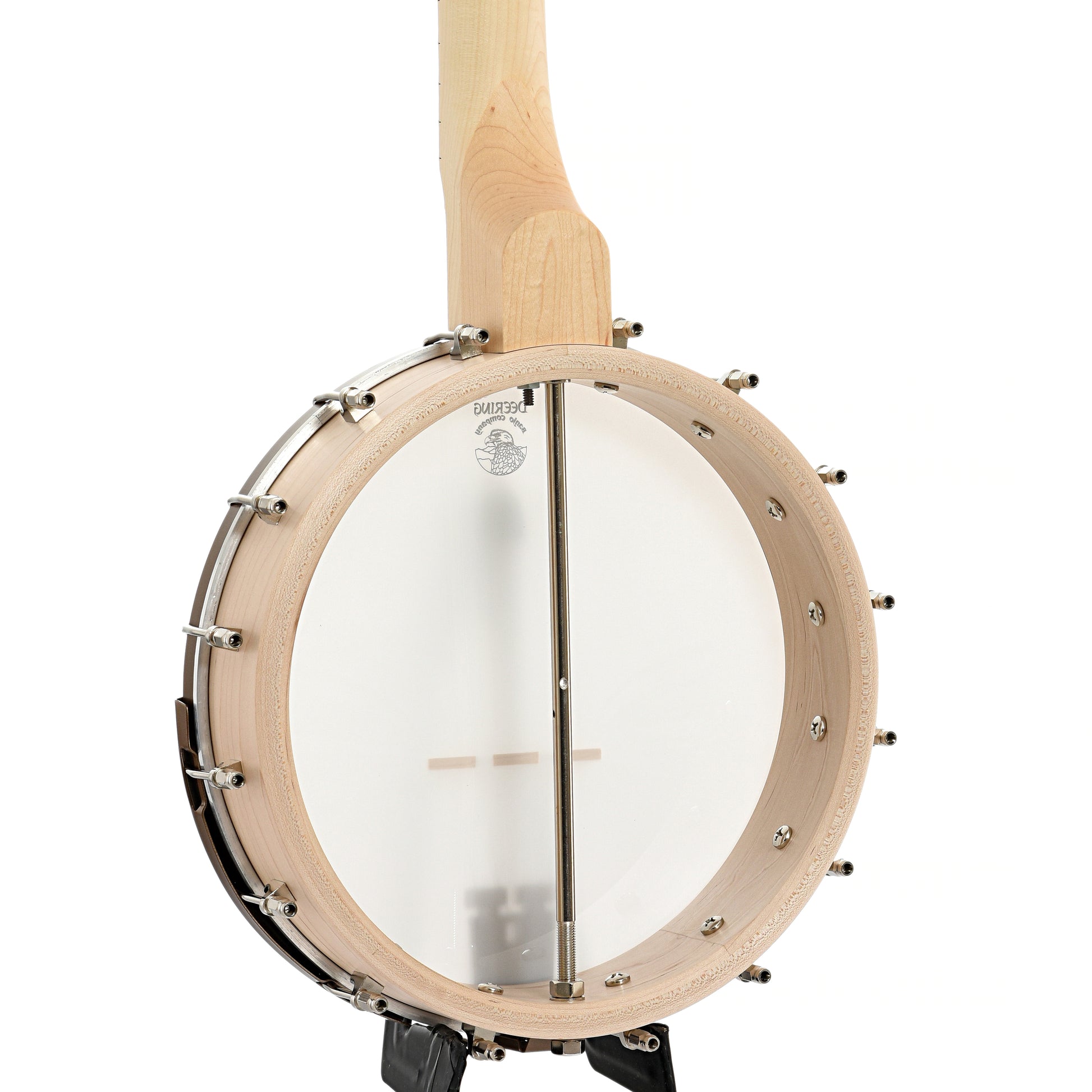 BAck and side of Deering Lefthanded Goodtime Deco Openback Banjo with Scooped Fretboard