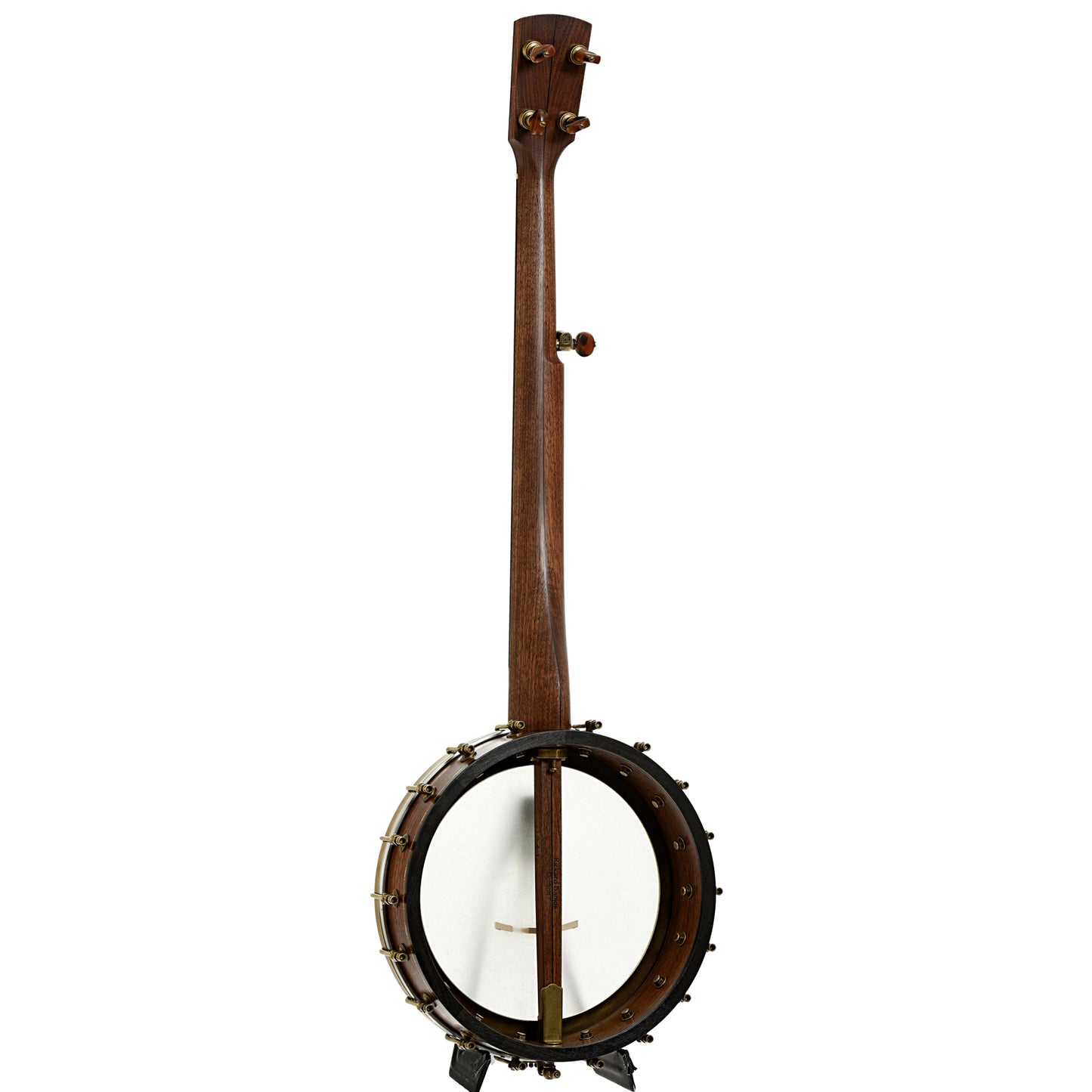 Full back and side of Rickard 11" Walnut Dobson Openback Banjo & Case with Cyclone Tuners