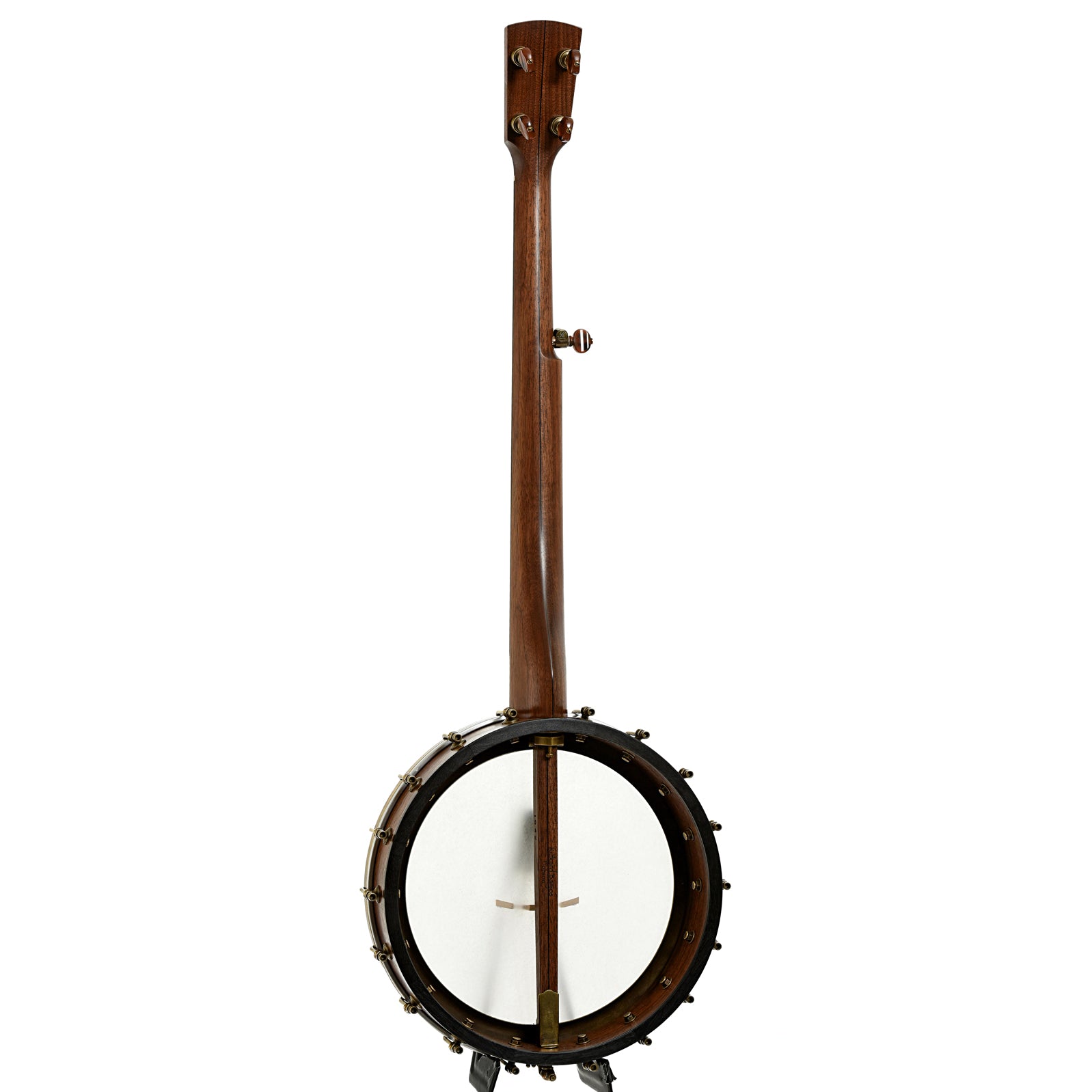 Full back and side of Rickard 12" Walnut Dobson Openback Banjo & Case with Cyclone Tuners