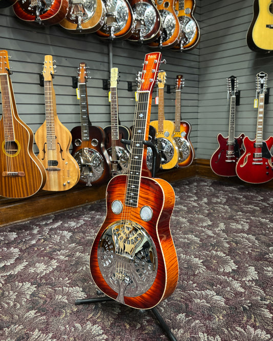 Showroom photo of front full Front of Beard Legacy E-Model Squareneck Resonator Guitar with Pickup