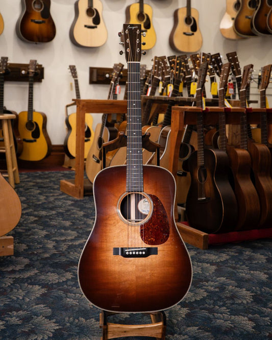 Showroom photo of Front of Bourgeois Custom Vintage Dreadnought Acoustic Guitar, Sunburst Top