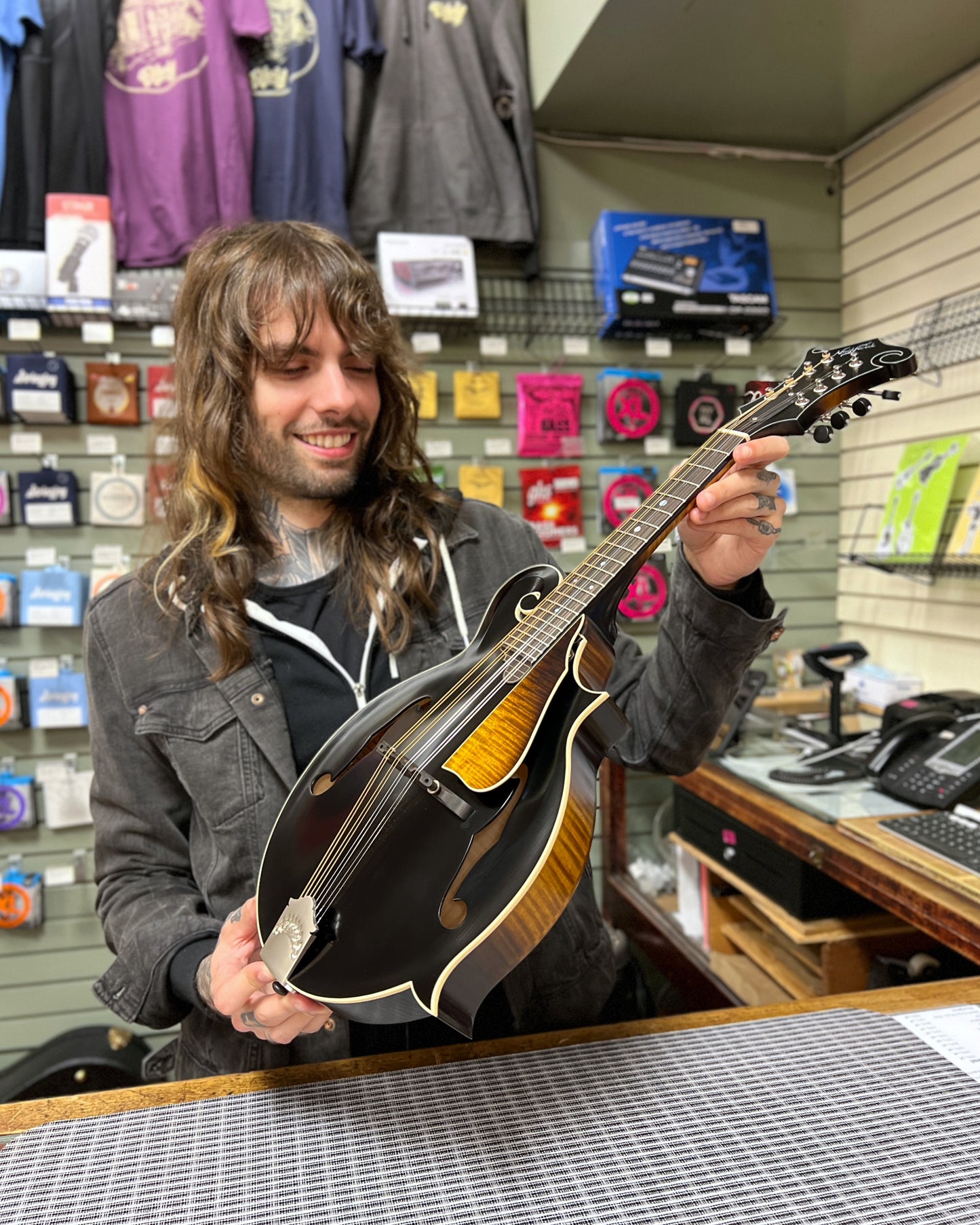 Showroom Photo of Front of Northfield Workshop S-Series NFS-F5 Blacktop Mandolin