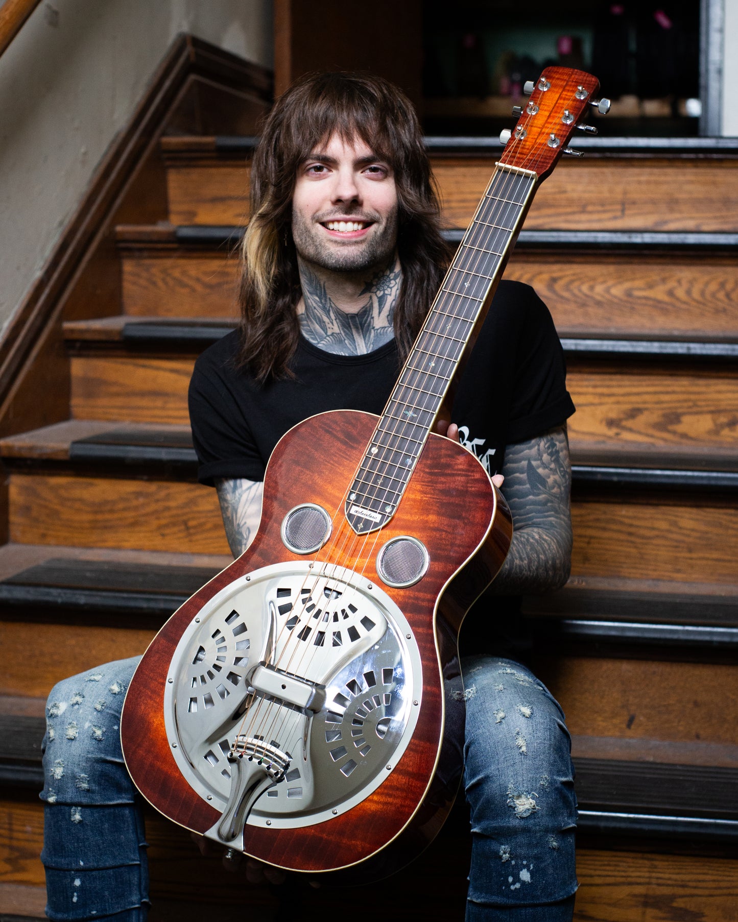 Showroom photo of Front of  Scheerhorn Maple R Custom Squareneck Resonator Guitar