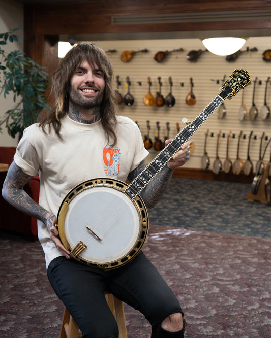 Showroom photo of Gibson TB-6 Checkerboard Conversion Resonator Banjo (1928)