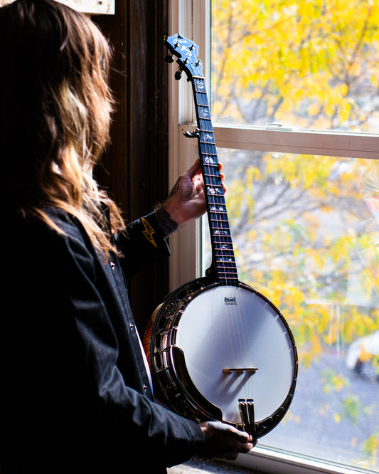 Showroom photo of Capek Allegoria Nickel Resonator Banjo & Gigbag, Flame Maple