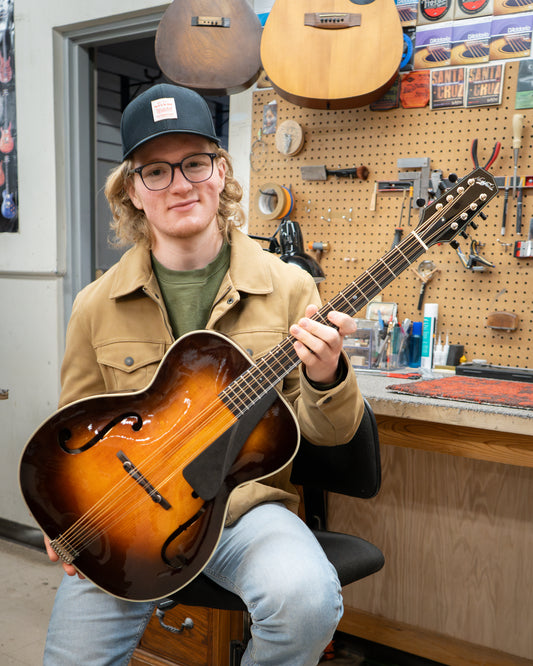 Showroom photo of Northfield Workshop NFO-AT1 Mahogany Archtop Octave Mandolin with Case